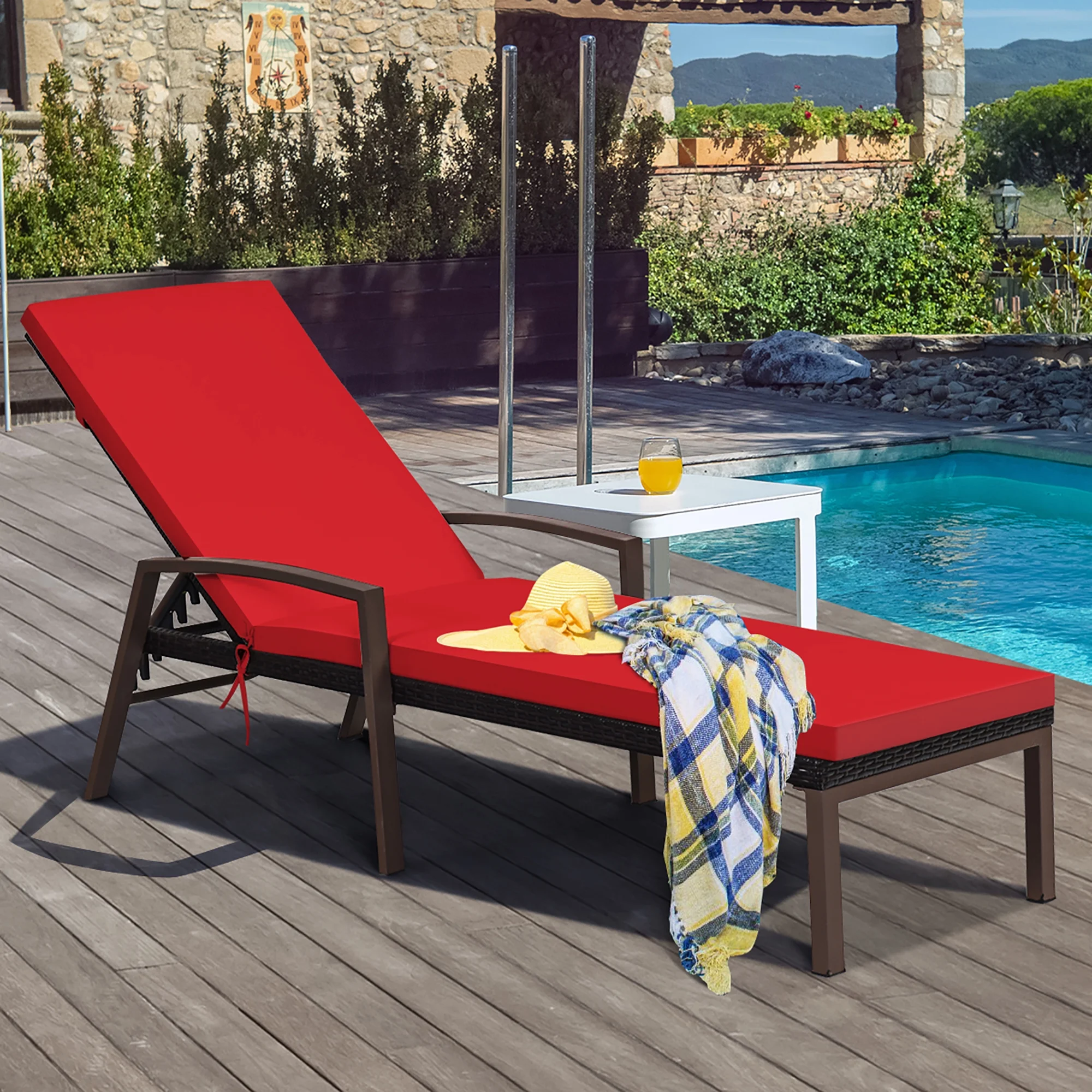 Costway 2PCS Patio Rattan Lounge Chair Chaise Recliner Back Adjustable Cushioned Red - Image 6