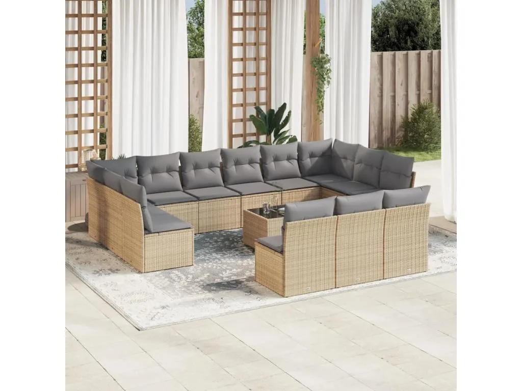 Set sofás de jardín 14 pzas con cojines ratán sintético beige hsrq13078