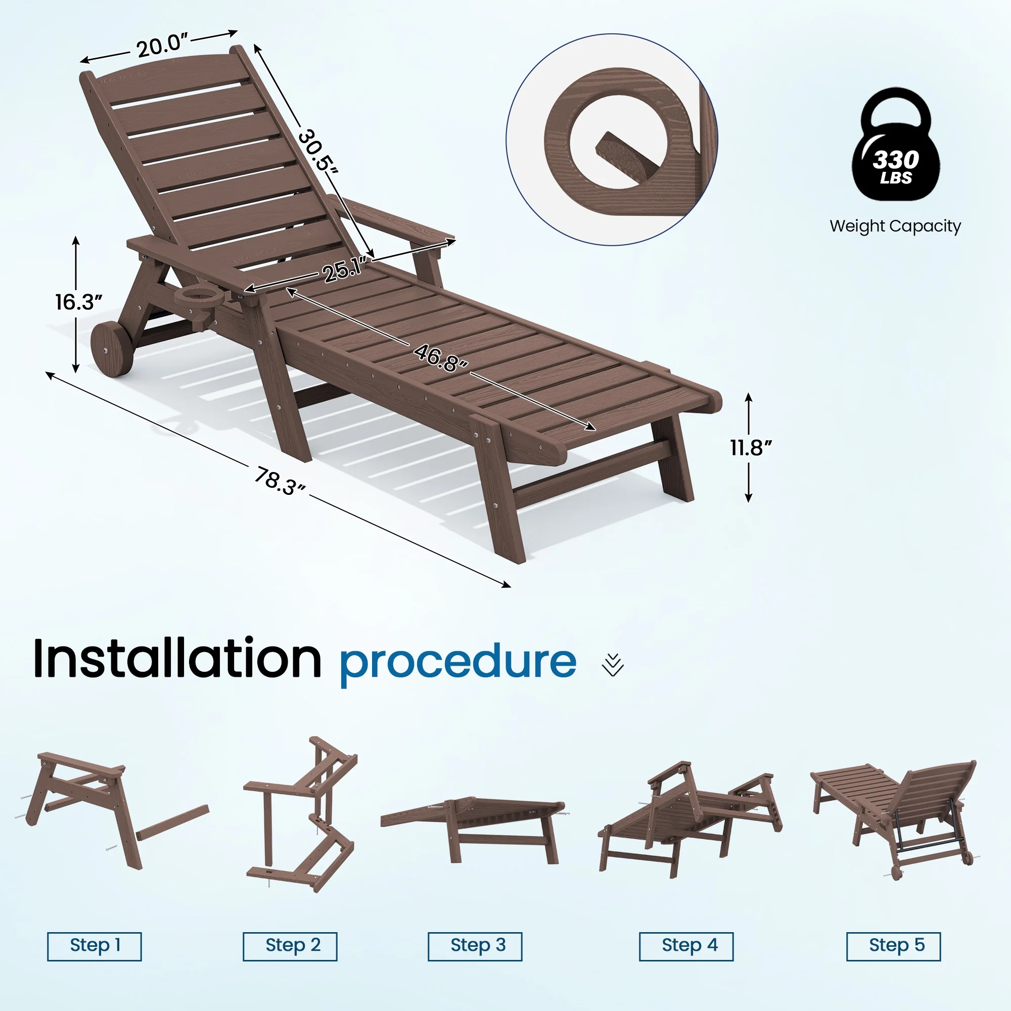 SERWALL Patio Chaise Lounge Chair, 78'' HDPE Outdoor Lounge Chair 5 Positions Pool Lounger Navy Blue - Image 65
