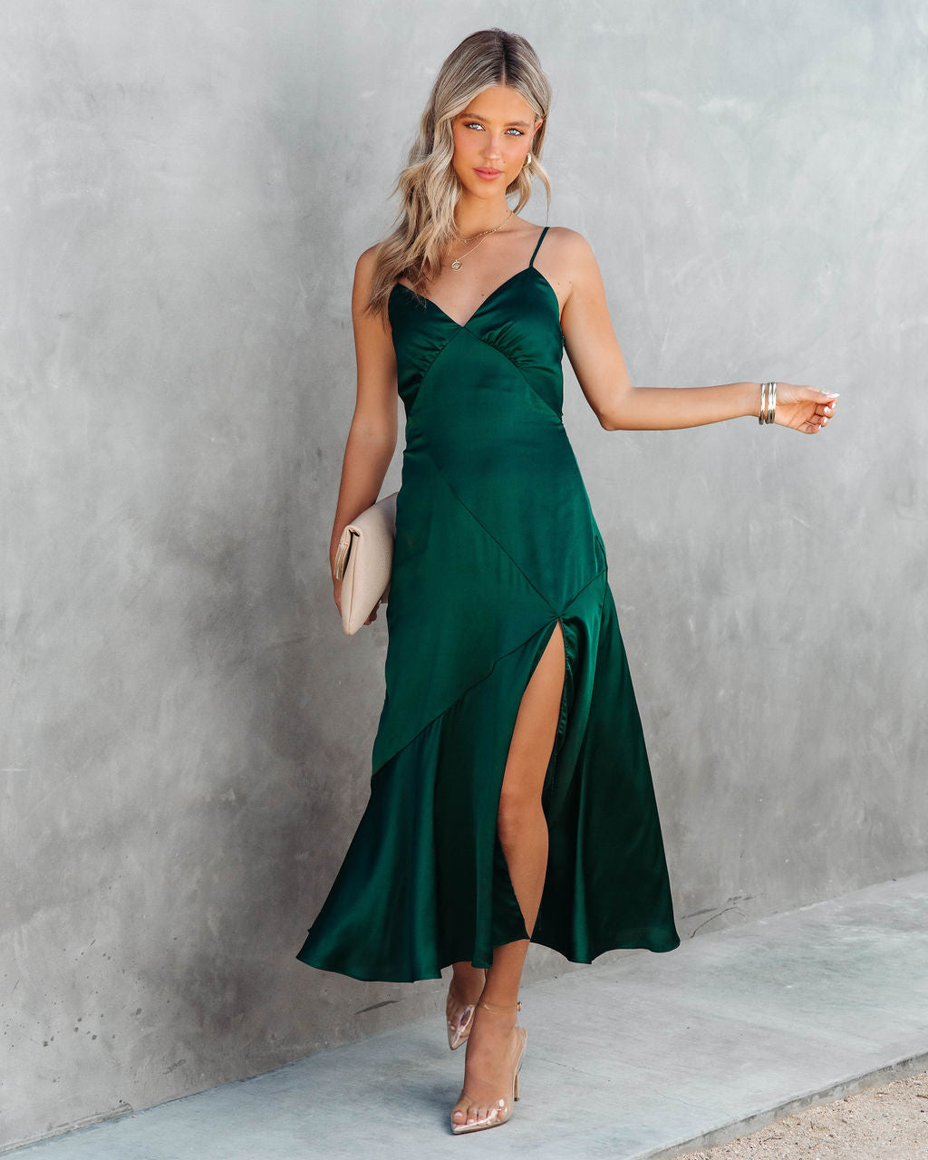 Just Go With It Satin Slit Midi Dress - Hunter Green - Se7enfashion