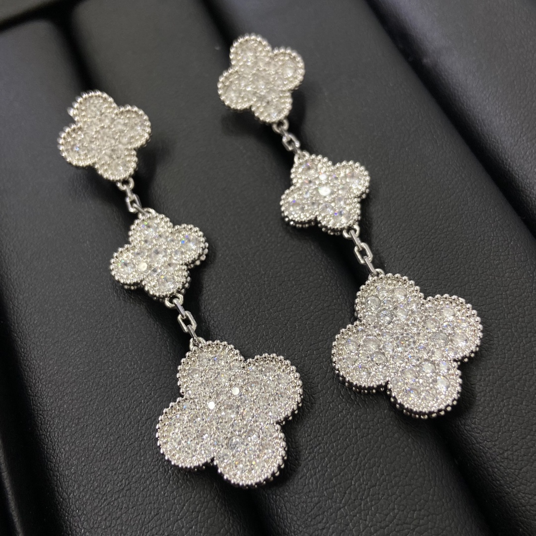 VCA Paved Full Diamond Long Clover Earrings - Original Replica Club