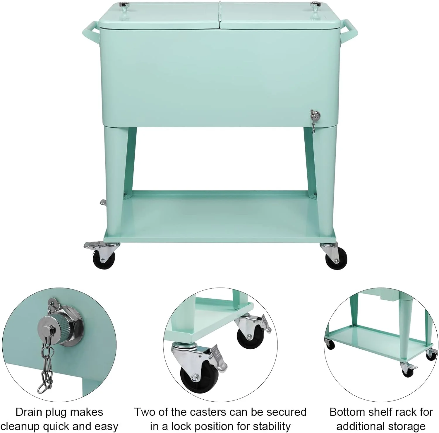 80 Quart Rolling Ice Chest, Portable Bar Drink Cooler with Catch Basin, Bottom Storage Tray and Bottle Opener for Patio Party BBQ Beach Activities - Image 13