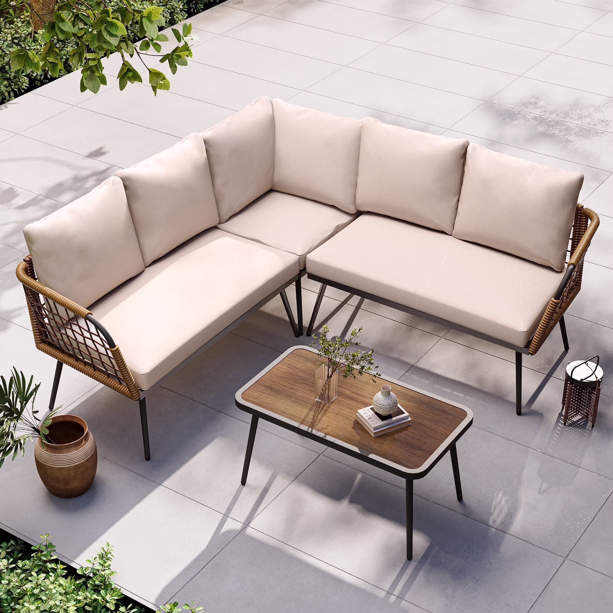 LAUSAINT HOME 4 Pieces Outdoor Conversation Sets, Patio Metal Frame Sofa with Wood Loveseat and Coffee Table, Beige Cushions - Image 3