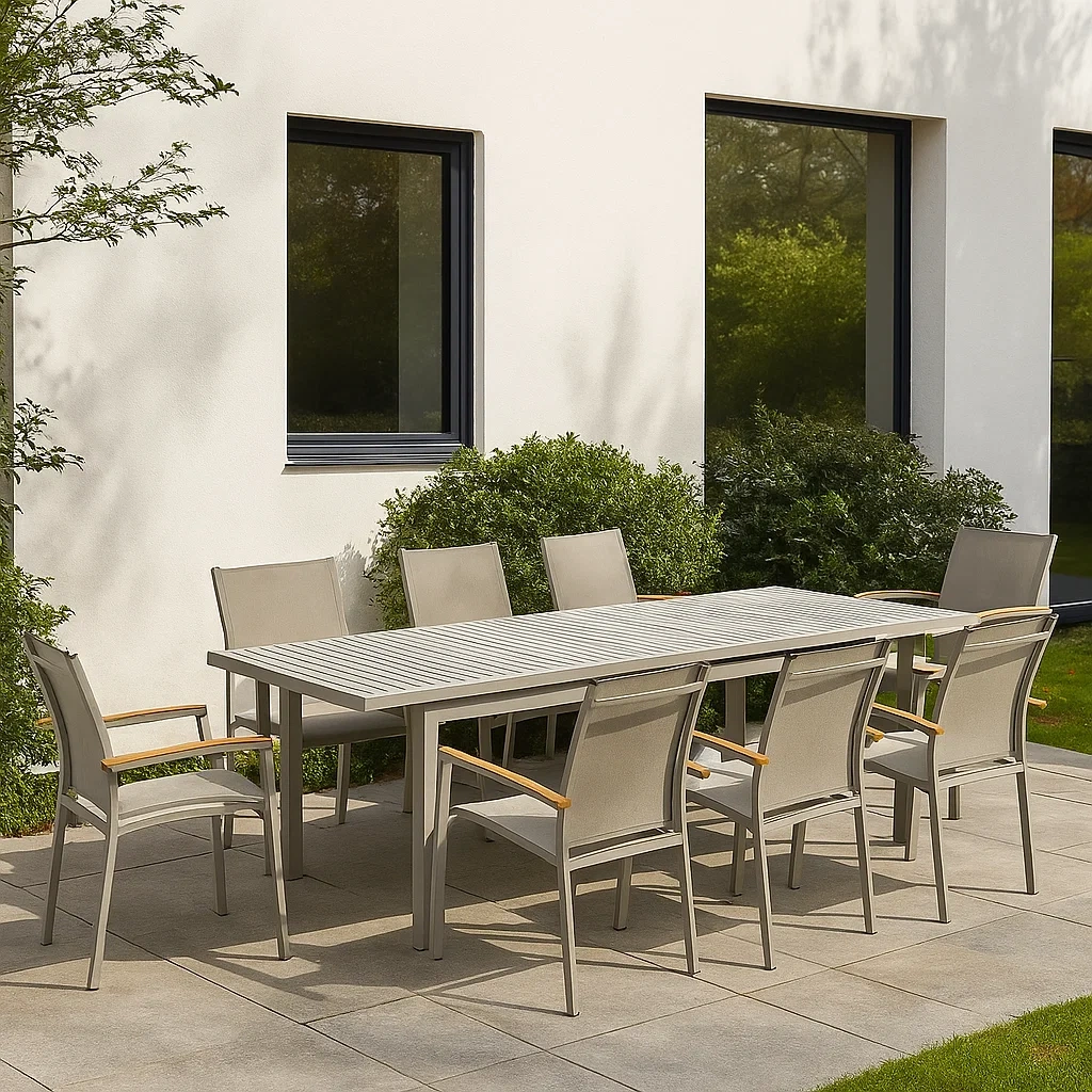 Conjunto de comedor de jardín para 8 personas, estructura de metal y textileno, mesa extensible, 8 sillas, Gris claro y madera - DIlPrch177pX