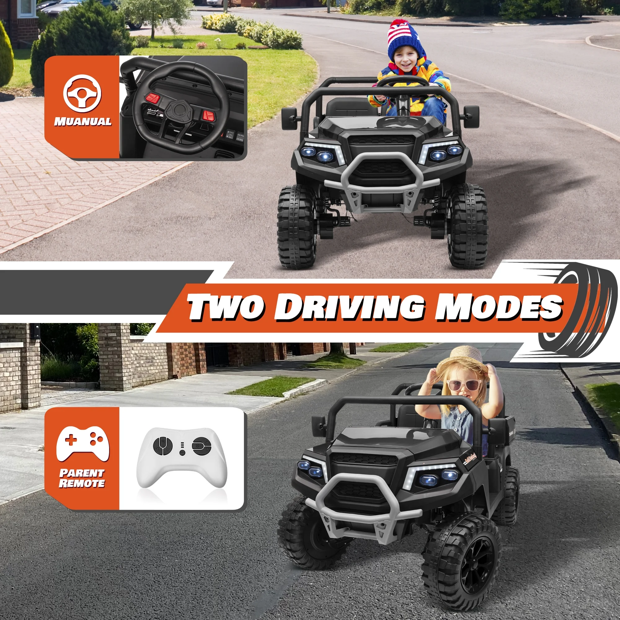 Joyracer 4WD 24 Volt Ride on Toys UTV with 2 Seater & Remote Control, Kids Electric Golf Cart w/ 4x200W Power Motors, Tiltable Trailer & Shovel, 4 Wheels Spring Suspension, Bluetooth USB Music, Black - Image 8
