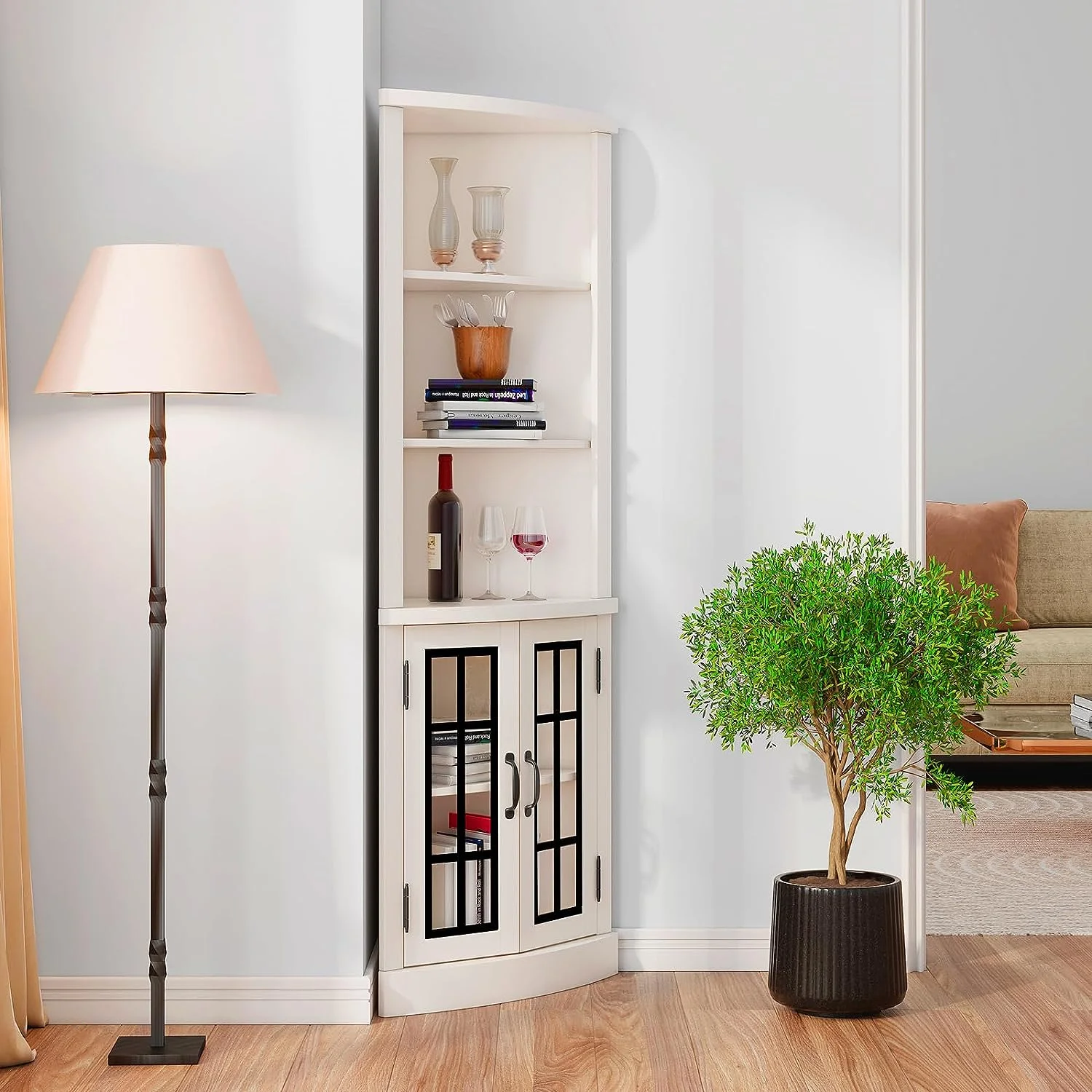 Merluxy Curved Corner Cabinet, 65" Wood Bookcase with 3 Shelves, Distressed White - Image 5