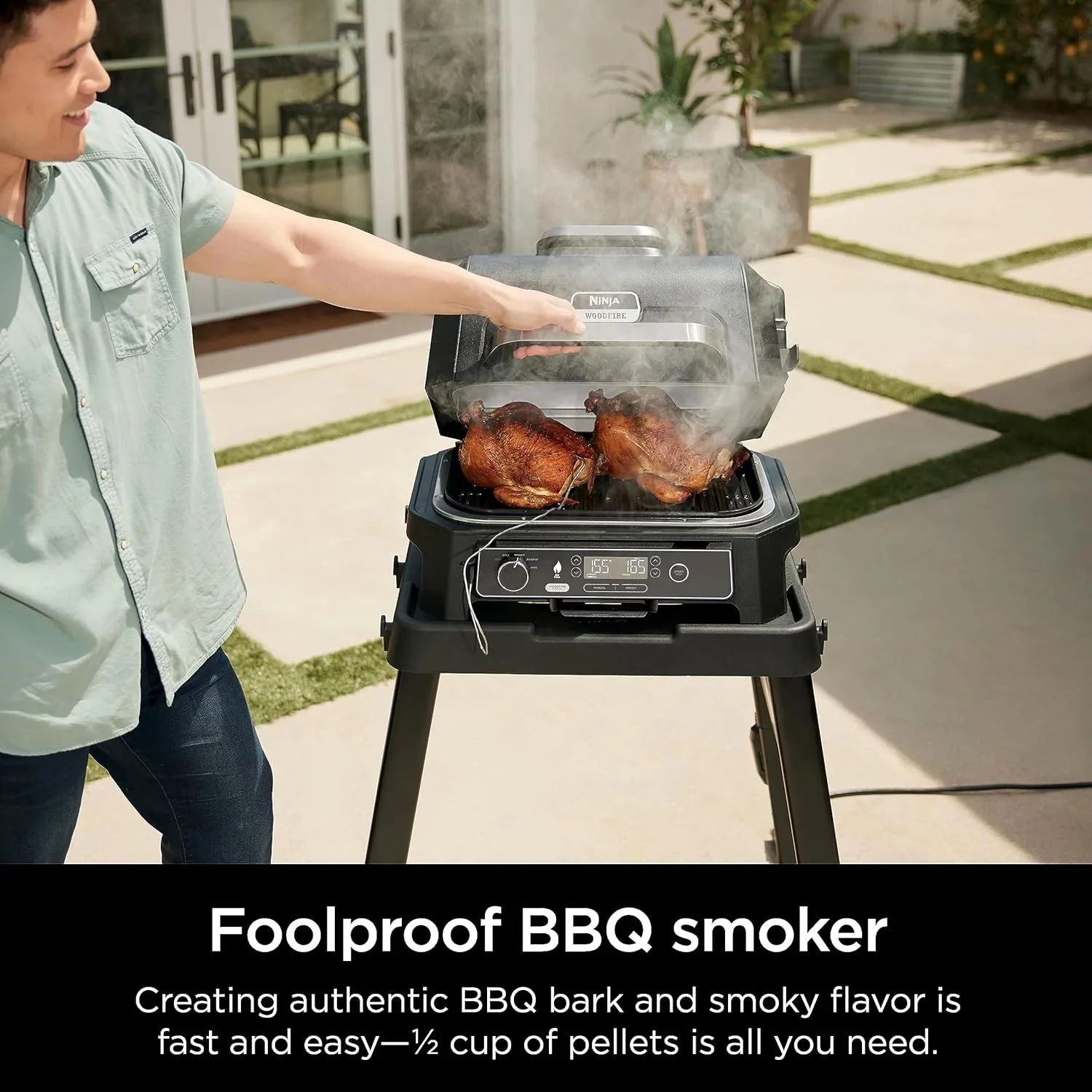 7-in-1 Grill & Smoker with Thermometer, Air Fryer, BBQ, Bake, Roast, Broil - Portable Electric Outdoor Grill, Grey