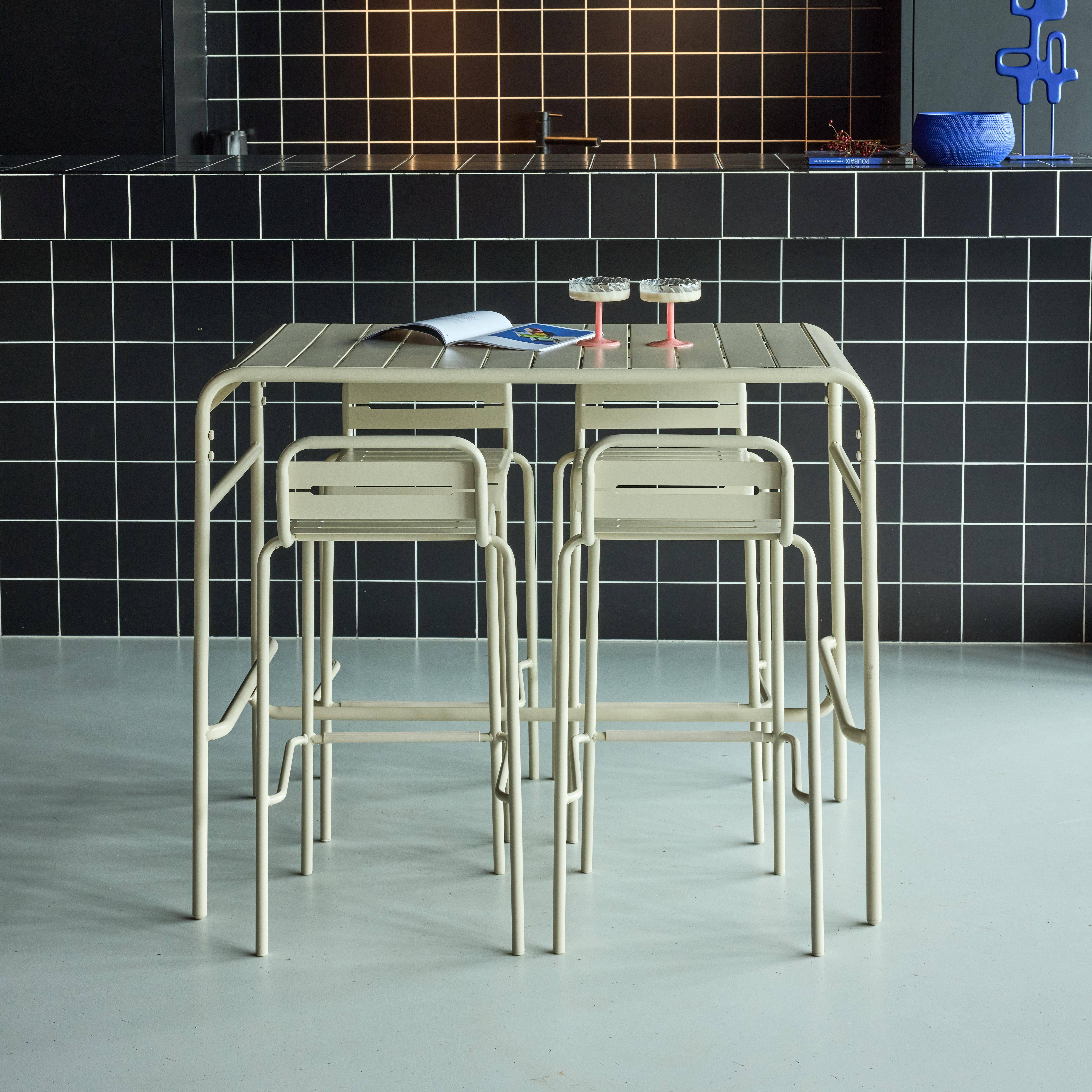 Amelia - Set mesa alta de jardín tipo bistró de acero con 4 sillas altas de acero, 120cm
