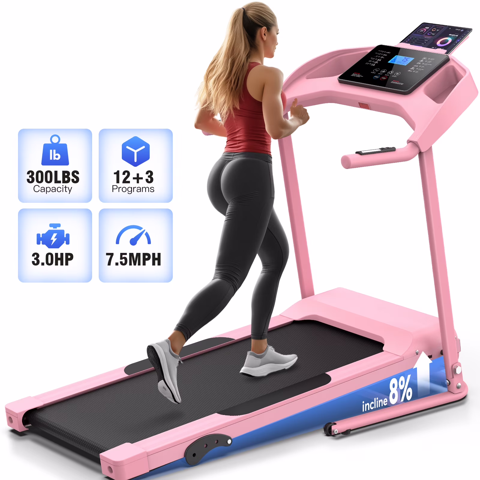 Treadmill with 8% Incline, 3.0 HP Foldable Compact Treadmill with Sit-up Function, 300 lbs Walking Running Treadmill with LCD Display for Exercise, 12 Programs - Image 5