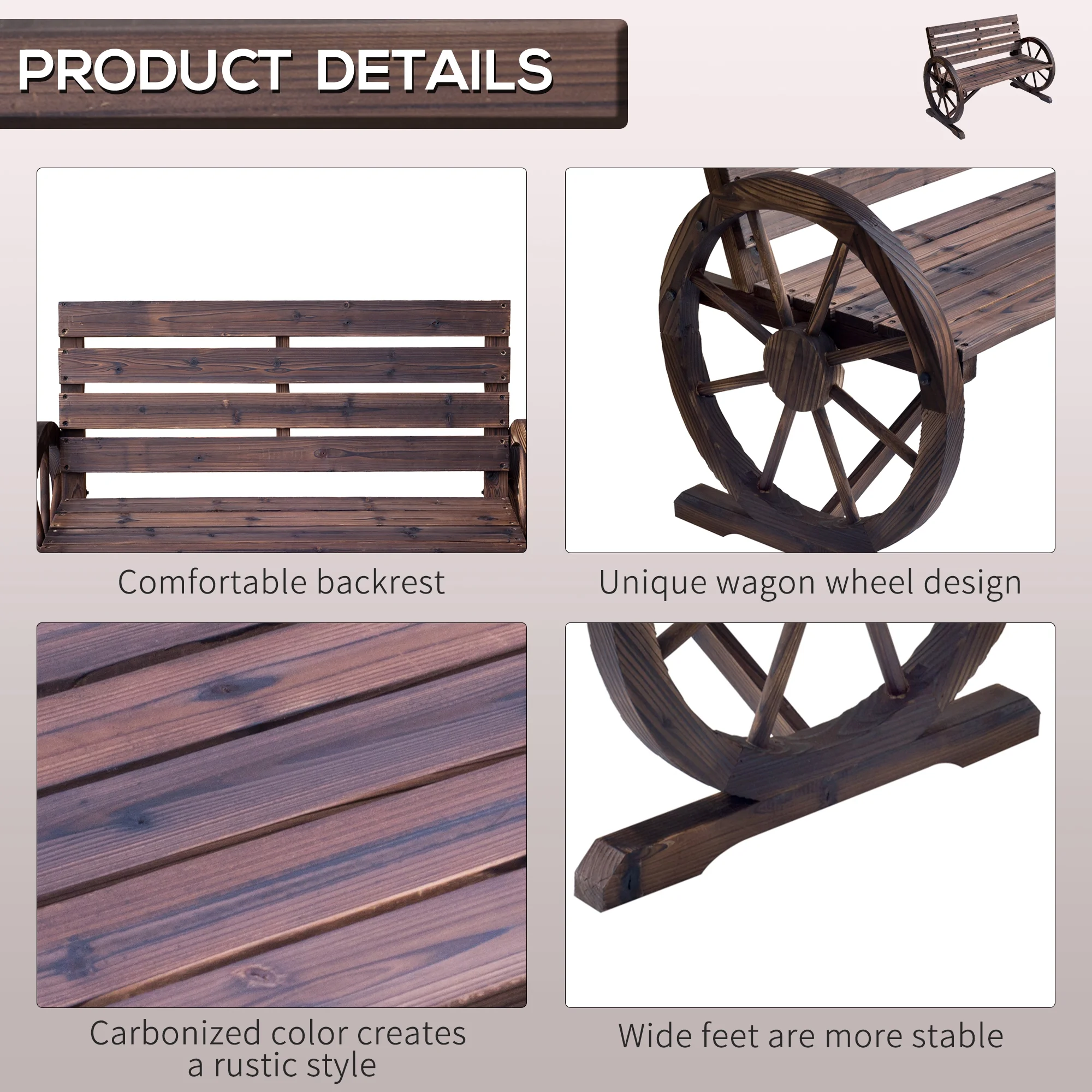 Outsunny Wooden Wagon Wheel Bench Rustic Outdoor Patio Furniture, 2-Person Seat Bench with Backrest Carbonized - Image 6