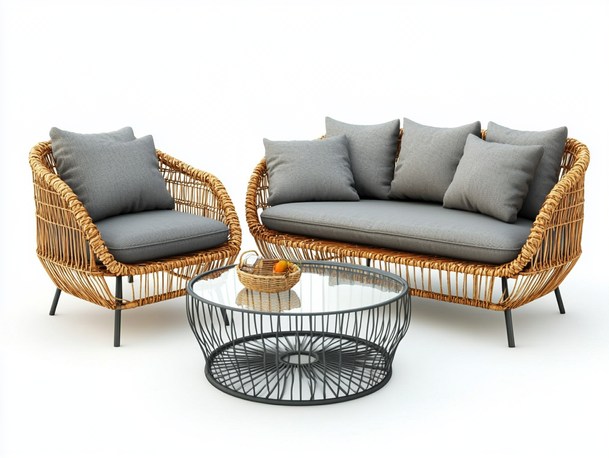 Conjunto de jardín con sofá de ratán natural, sillón y mesa de centro redonda con cristal