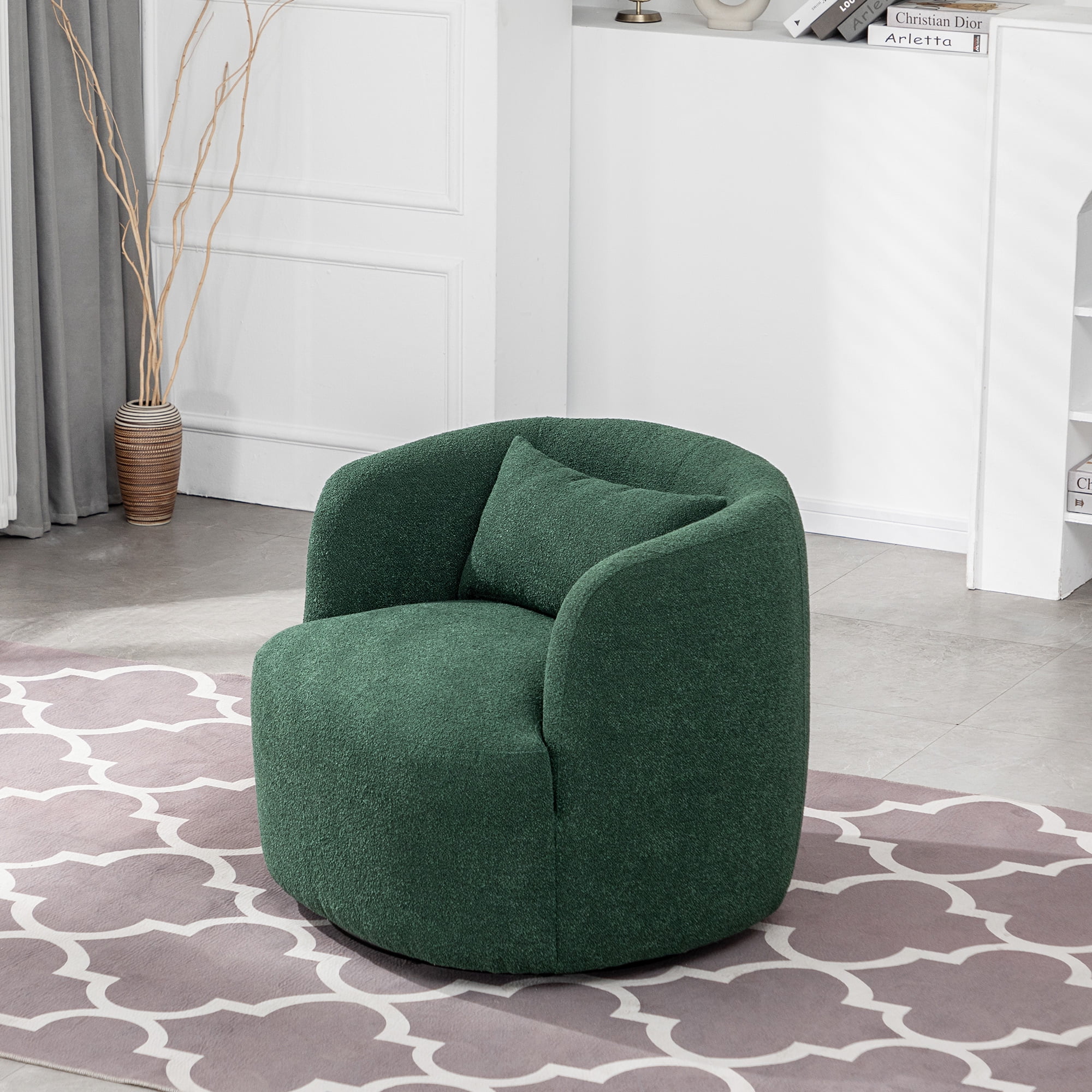 34" Wide Boucle Swivel Barrel Chair, No Assembly Round Upholstered Armchair Accent Chair Single Sofa Chair with Toss Pillow for Living Room and Bedroom, Taupe - Image 36