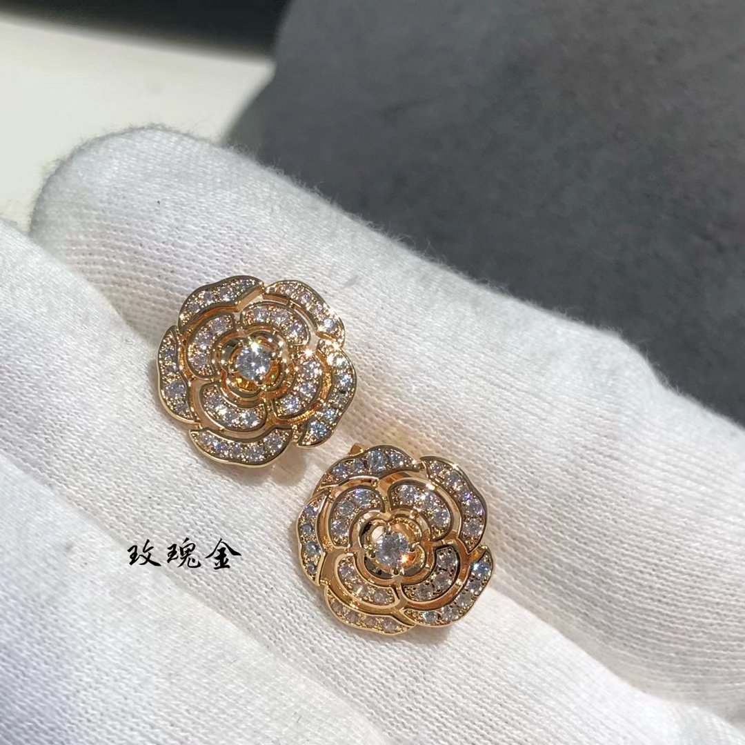 Chanel Diamond Camellia Stud Earrings - Original Replica Club