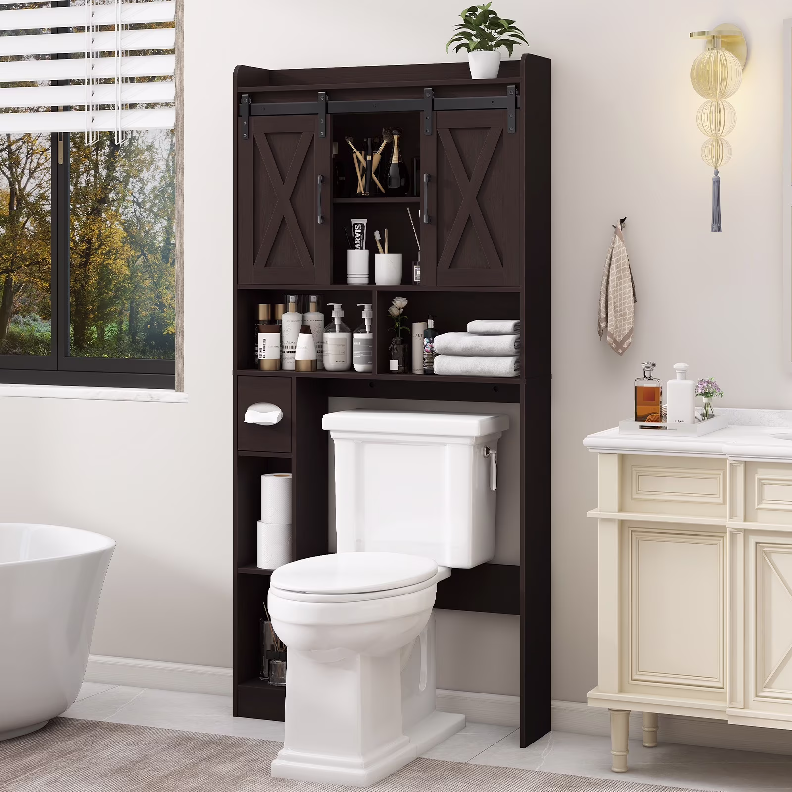 Over The Toilet Storage Cabinet, Farmhouse Storage Cabinet Over Toilet with Sliding Doors-Home Space-Saving Toilet Rack, for Bathroom, Restroom, Laundry - Image 5