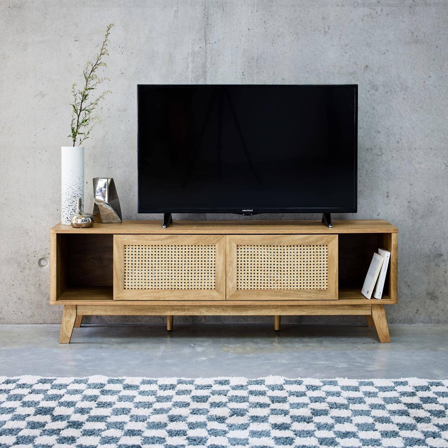 Mani - Mueble TV con puertas correderas, taquilla, estante efecto madera y caña 150cm