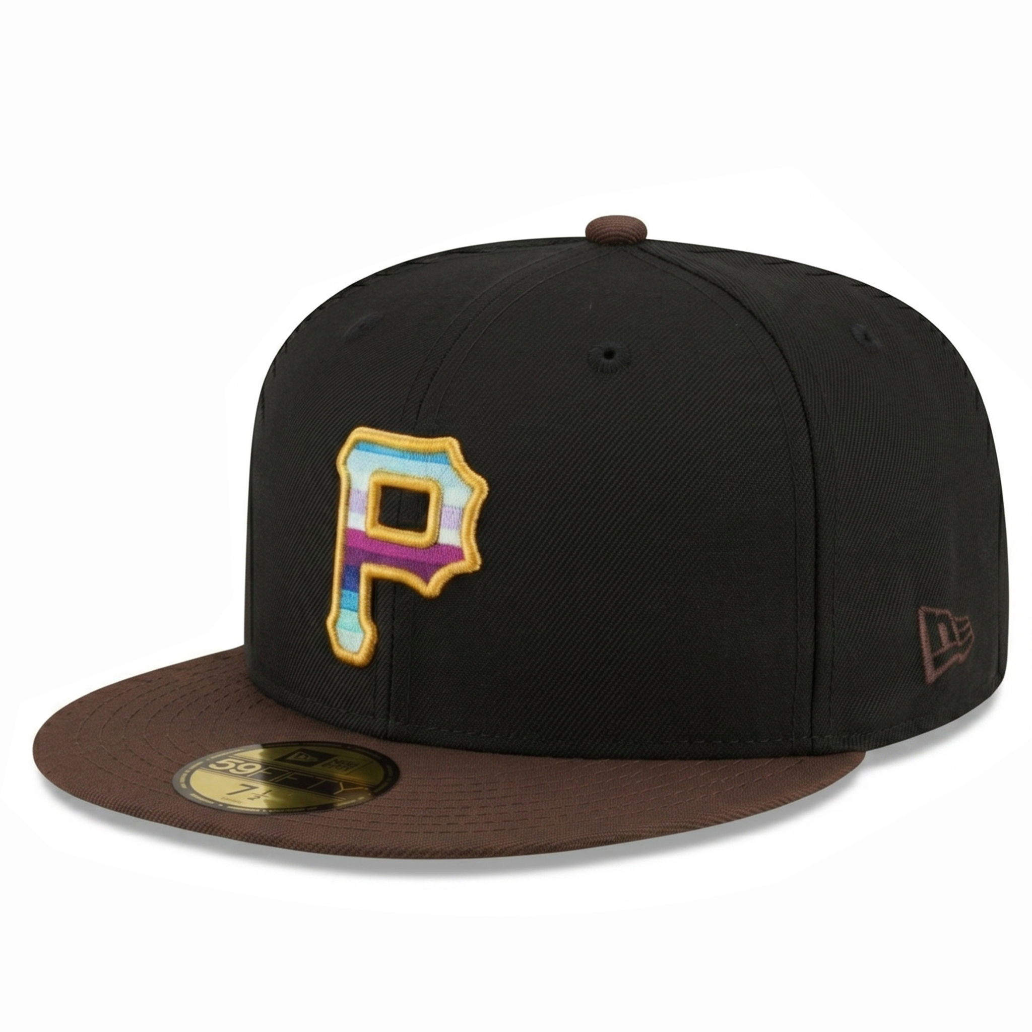 Left side angle of a black and brown Pittsburgh Pirates fitted cap showcasing the vibrant front logo and a brown embroidered New Era flag logo.