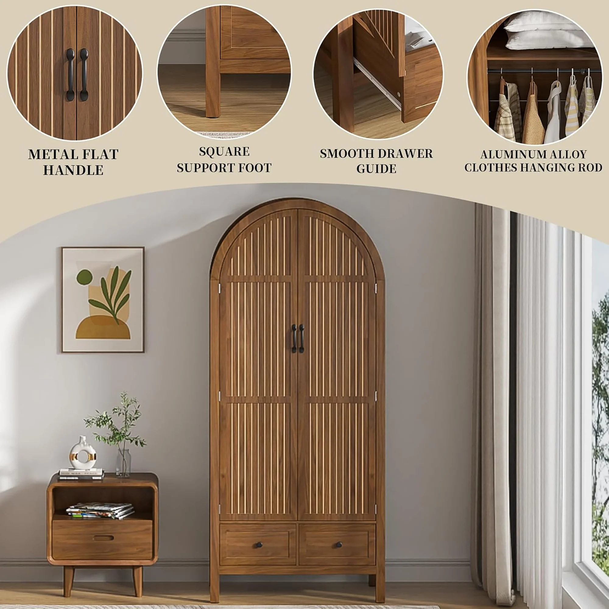 Oubayajia Arched Armoire Wardrobe Closet with Fluted Doors, Wooden Wardrobe Closet with Drawers, Shelves and Hanging Rod for Bedroom - Image 4