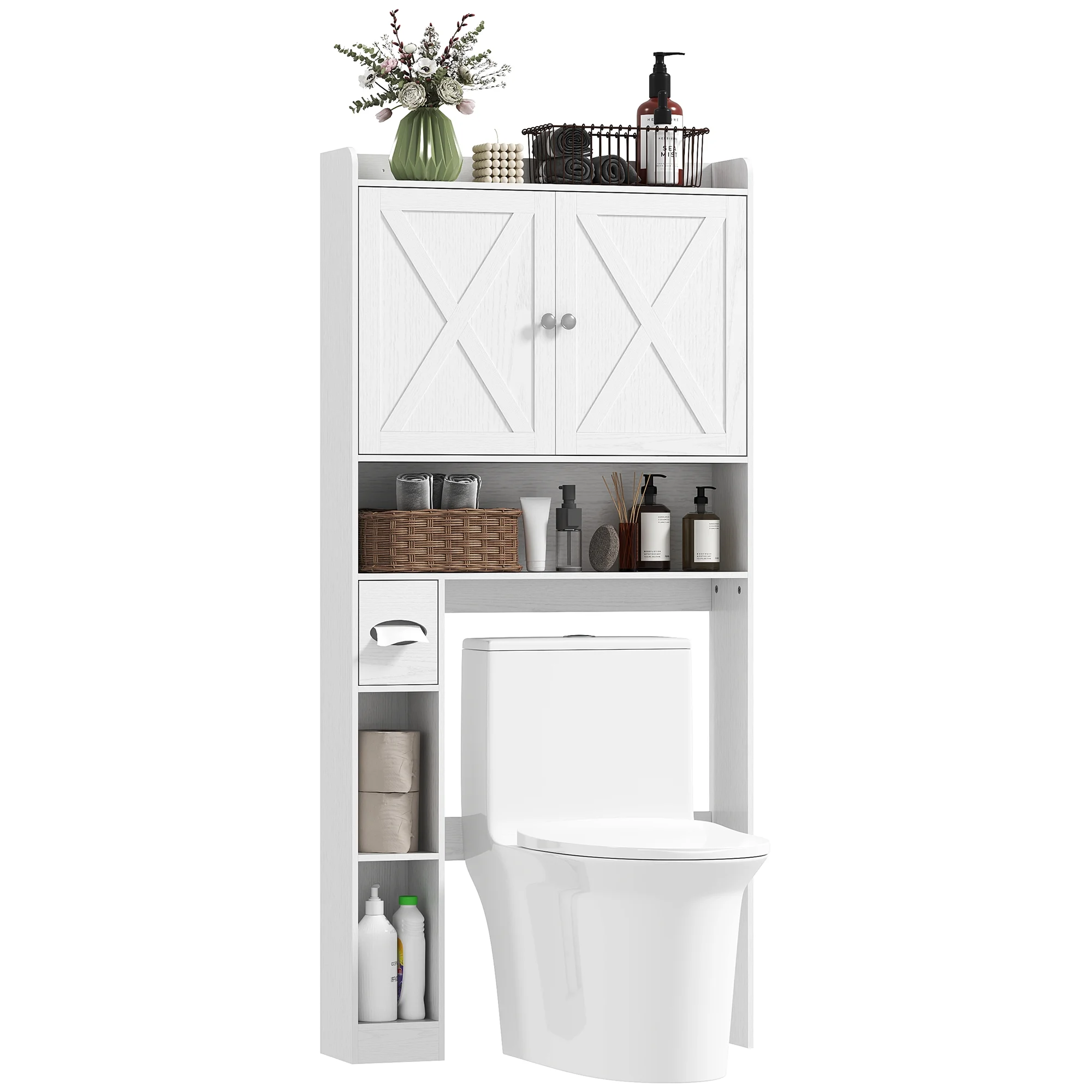 HOMCOM Over the Toilet Storage Cabinet, Farmhouse Above Toilet Bathroom Organizer with Barn Doors, Adjustable Shelf, Toilet Paper Holder, White - Image 2