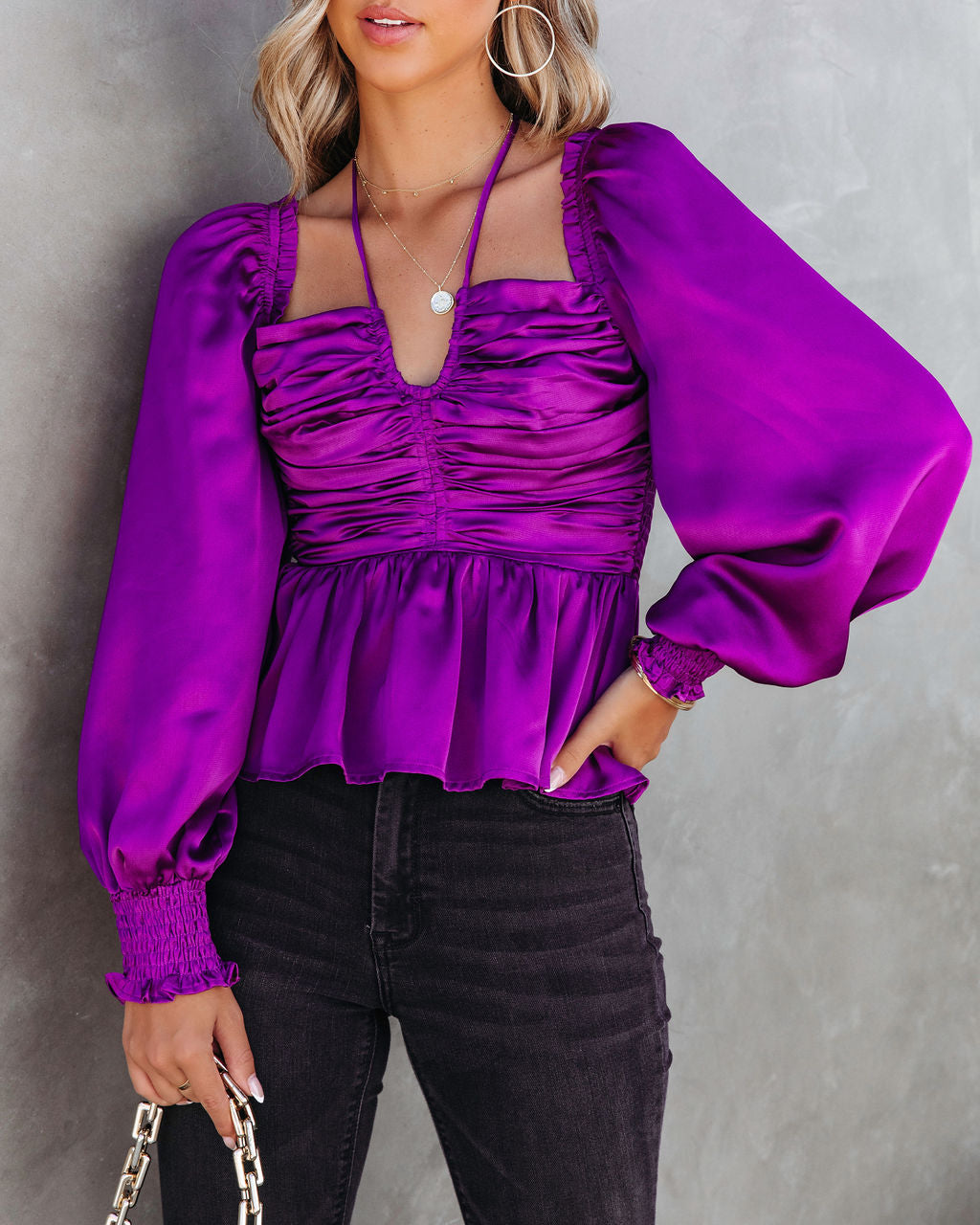 Skylynn Satin Ruched Top - Purple - Se7enfashion