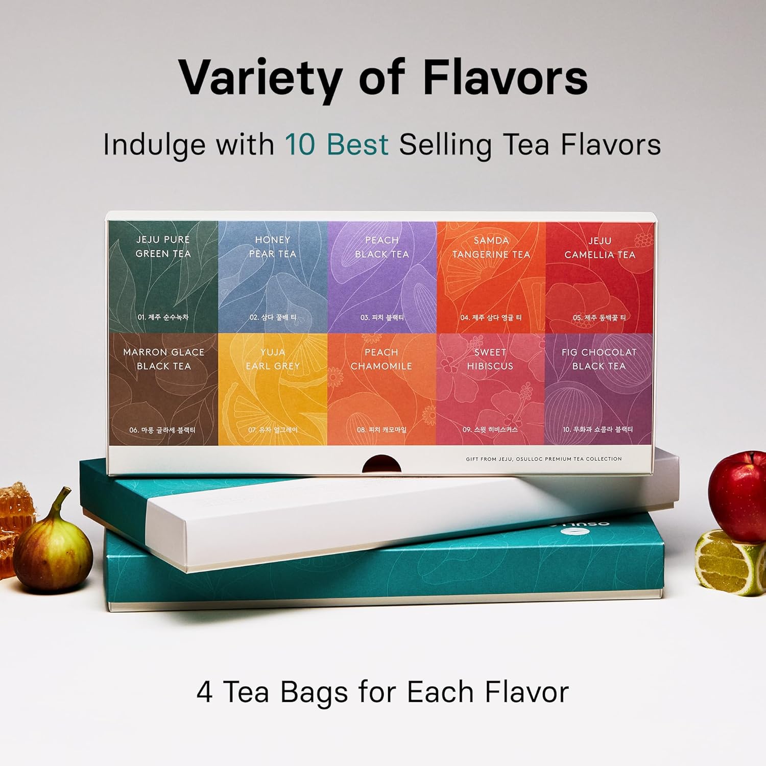 OSULLOC Premium Tea Collection (40 count, 10 flavors x 4 ea), Mothers Day Gifts, Self Care Sampler Gift Box Variety Pack, Premium Organic Pure & Blended Tea from Jeju