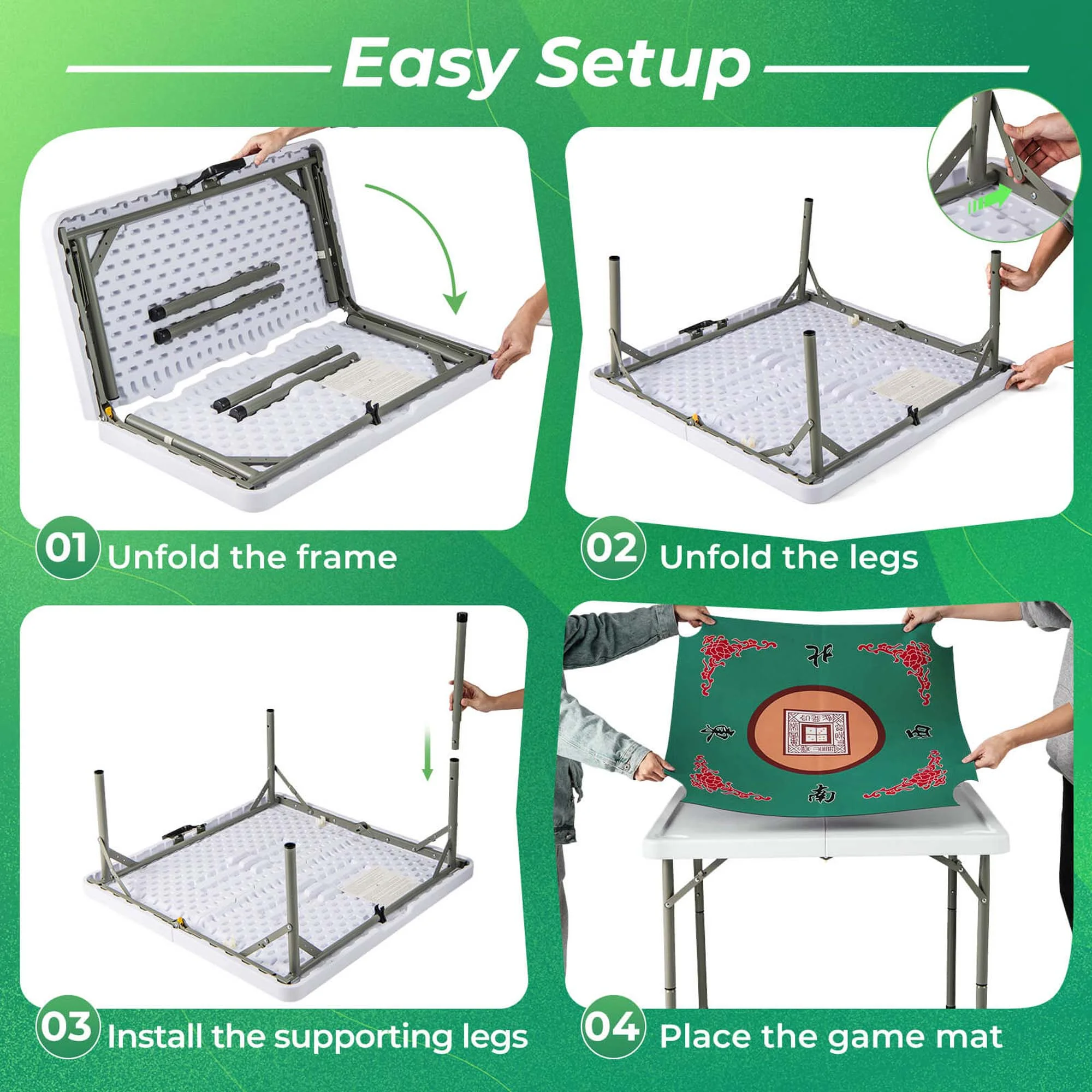 Costway 35" Folding Mahjong Table with Cup Holders & Smooth Felt Mat Carrying Handle Green - Image 36