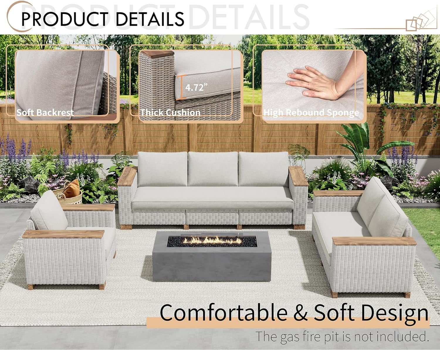 Jocisland Patio Furniture Set, 6 Piece Modular Rattan Outdoor Sectional Set with Washable Cushions, 3-Seat Outdoor Couch, 1 Loveseat, 1 Single Chair for Lawn Deck Backyard Garden, Beige - Image 6