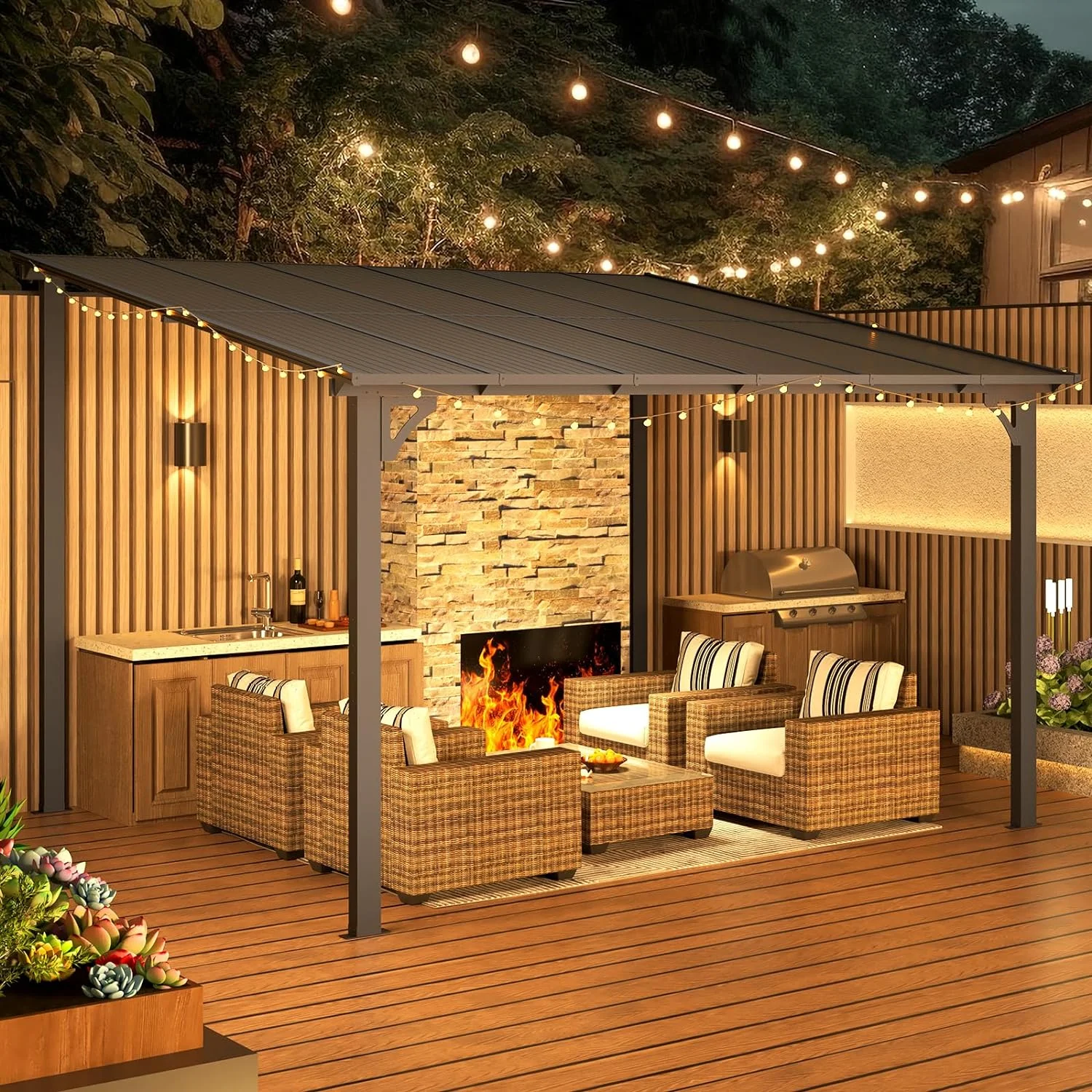 12' x 14' Outdoor Pergola Gazebo, Wall-Mounted Lean to Metal Awnings Gazebos on Clearance for Patio, Large Panel Roof Pergolas and Gazebo for Outdoor Use - Image 5
