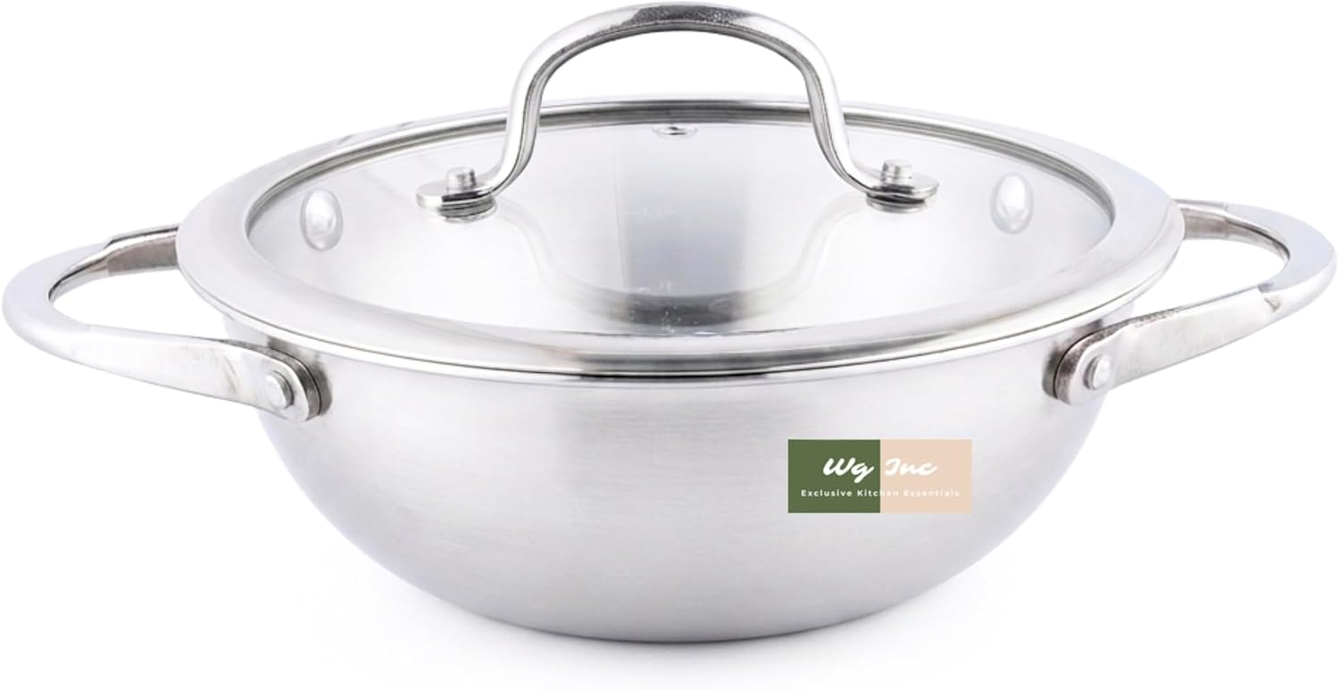 Stainless Steel Wok with Glass Lid, 5.2 QT - 12 Inch / 30 CM Tri-ply Kadhai, Large Wide & Deep Cookware Stir Fry Pans, Dishwasher & Oven Safe, Non Toxic Cooking Wok Pan, Induction Compatible