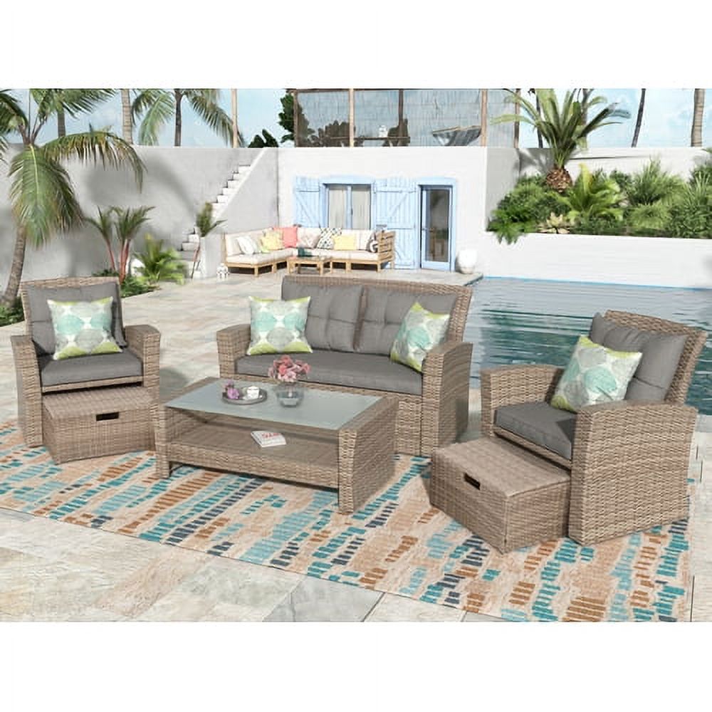 Harper & Bright Designs 4 Pieces Patio Wicker Chair with Ottoman and Coffee Table, Outdoor Rattan Loveseat Sectional Sofa Furniture Set for Garden, Beige Cushions - Image 15