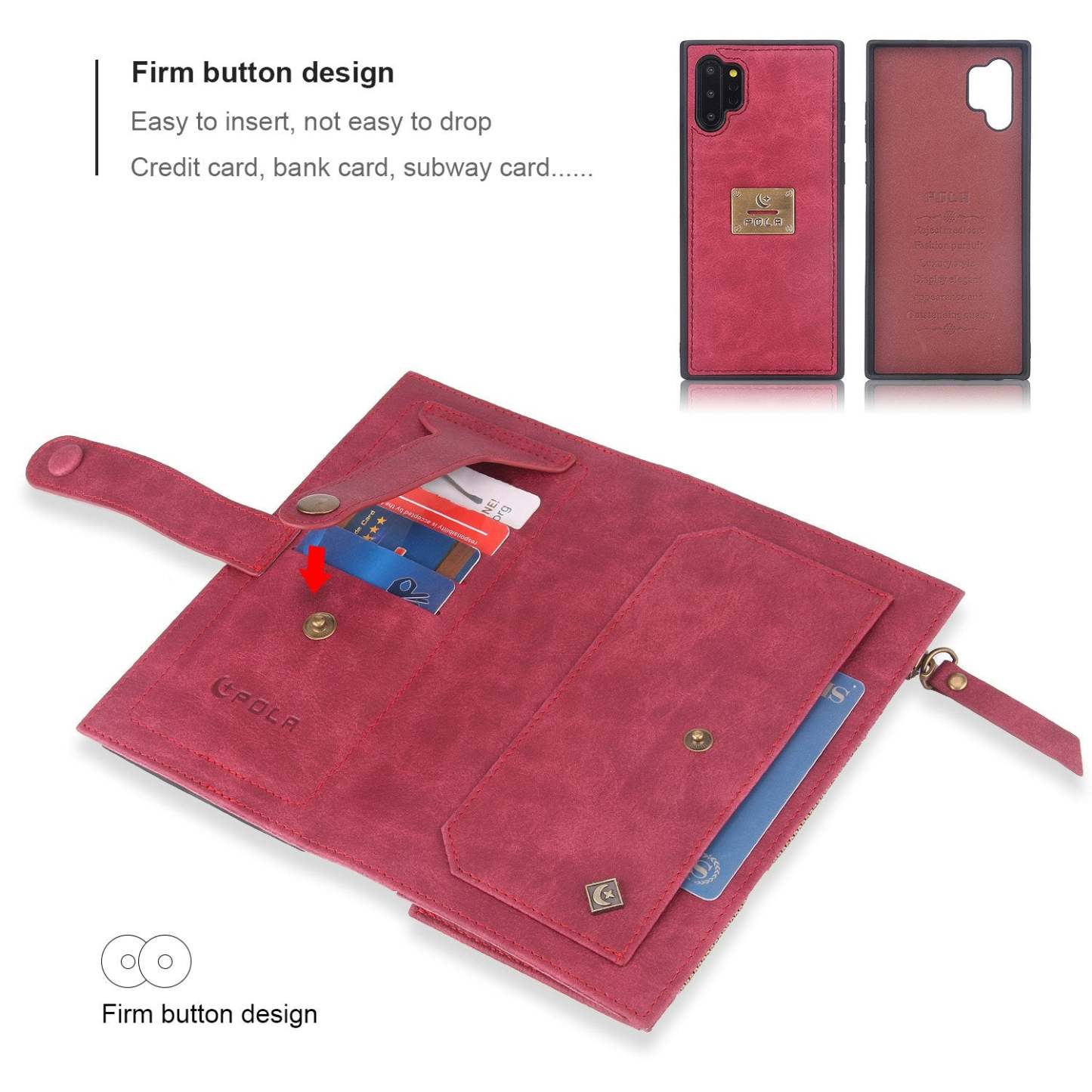 POLA Samsung Wallet Case , Leather Zipper Purse Detachable Magnetic 10 Card Slots Money Pocket Clutch Protection Back Cases Cover
