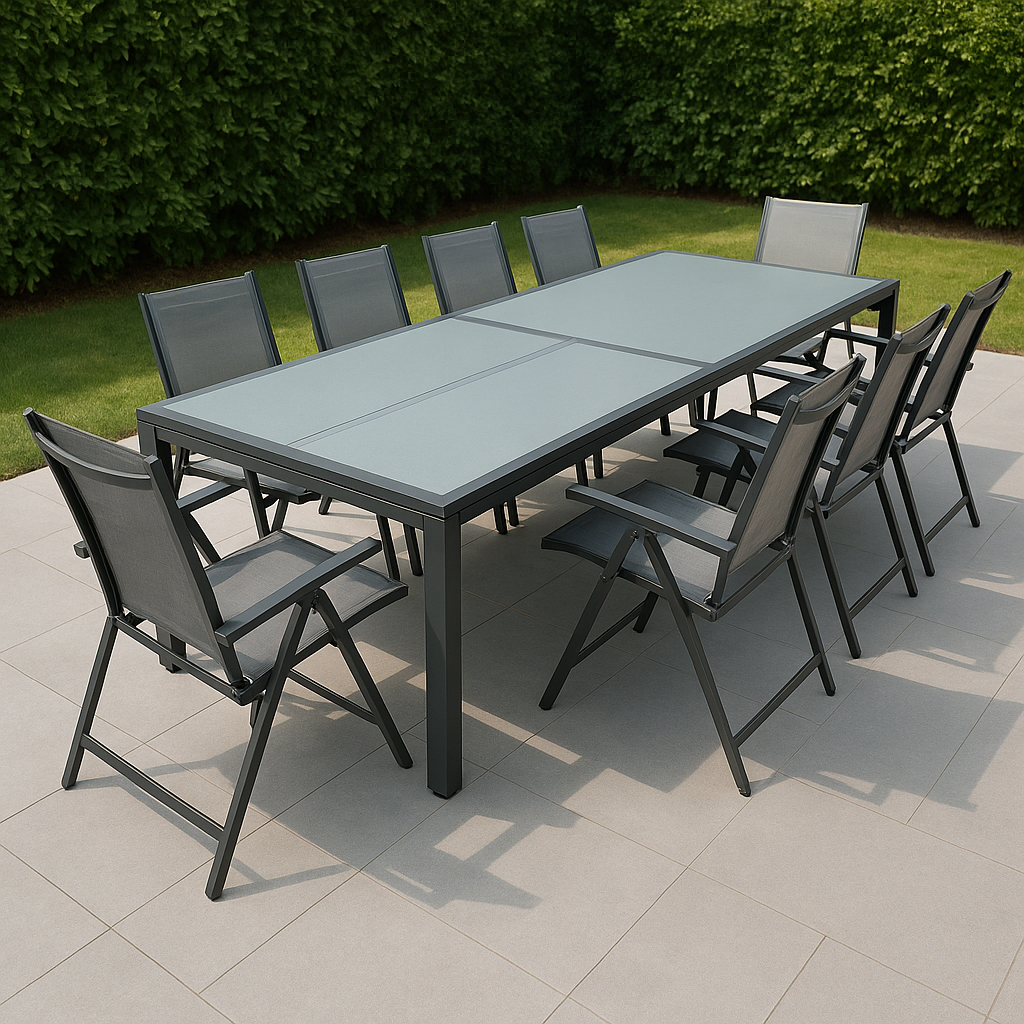 Conjunto mesa comedor exterior gris aluminio textileno jardín