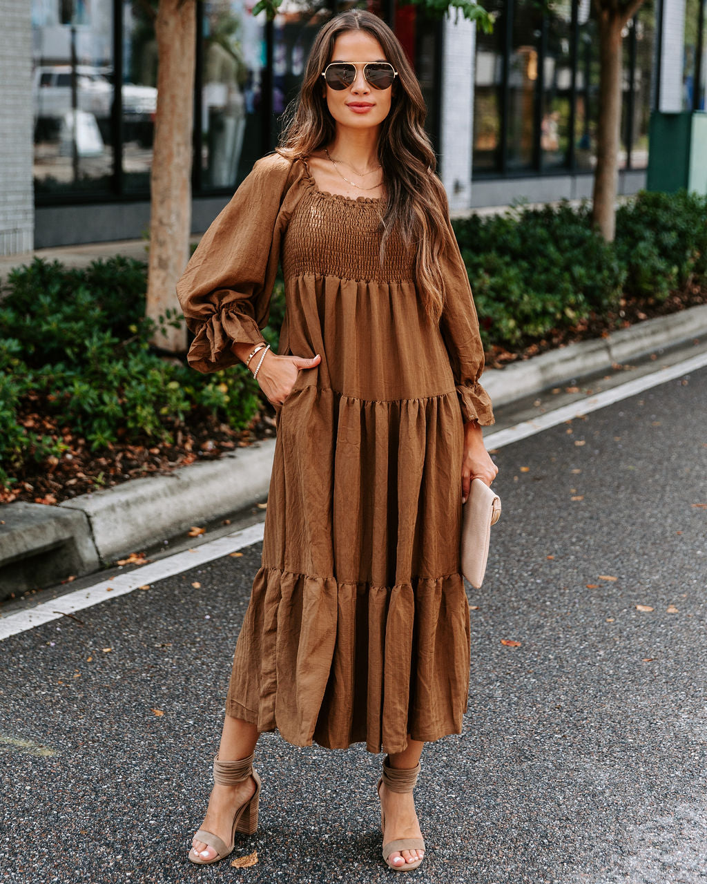 River Pocketed Puff Sleeve Midi Dress - Mocha - Se7enfashion