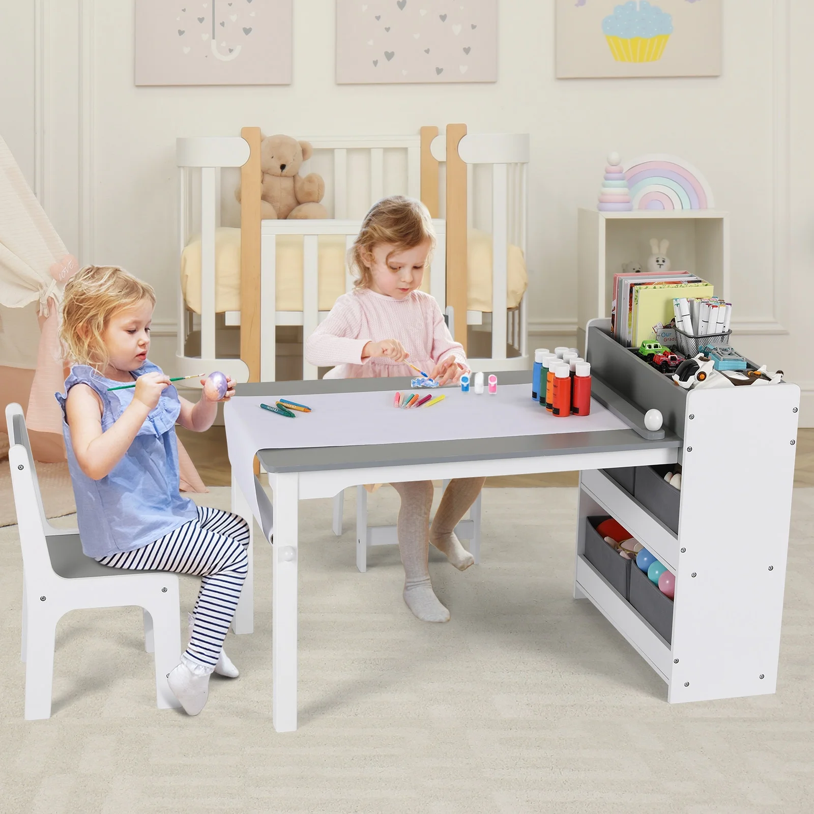 Pirecart Kids Art Table and 2 Chairs Toddler Craft Set Wooden Play Activity Drawing Table with 4 Storage Bins and Paper Roll - Image 12