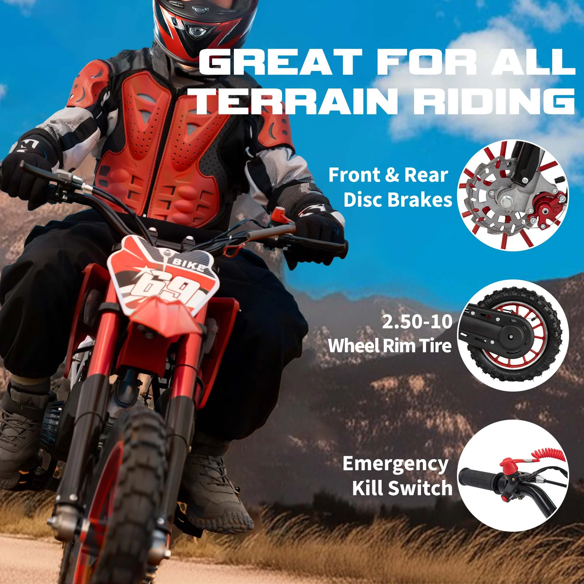 MX moto 49CC Kids Dirt Bicycle, 2-Stroke Gas Powered Off Road Motorcycle, Tire Shock Absorber Spring Soft Seat Cushion with Front and Rear Disc Brake, Max Speed 28 MPH - Image 4