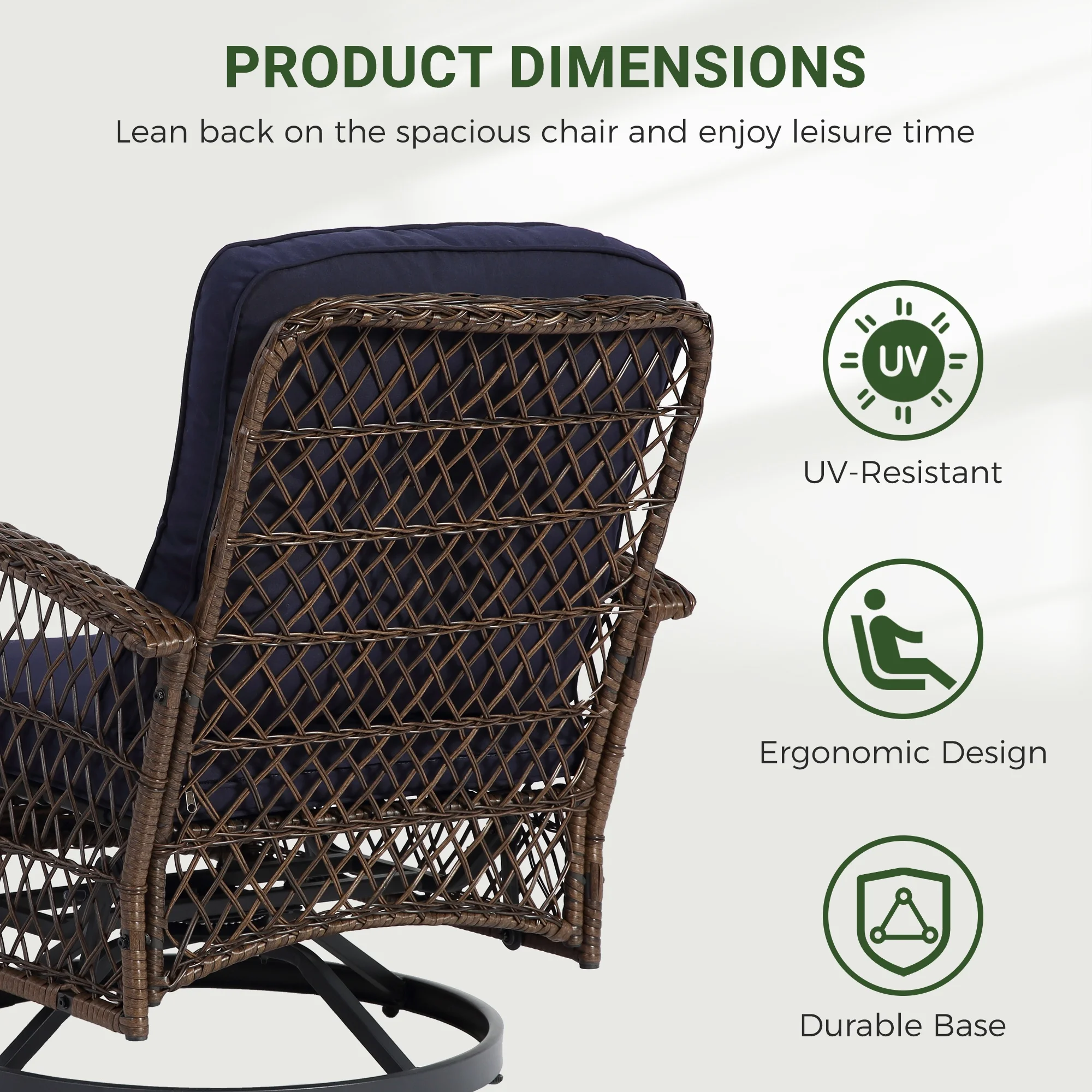 3 Piece Patio Swivel Rocker Chairs Set, 2 360-Degree Swivel Rocking Chairs with 1 Glass Top Table, PE Rattan Outdoor Bistro Set with Cushions for Balcony Deck Poolside Backyard Porch - Image 16
