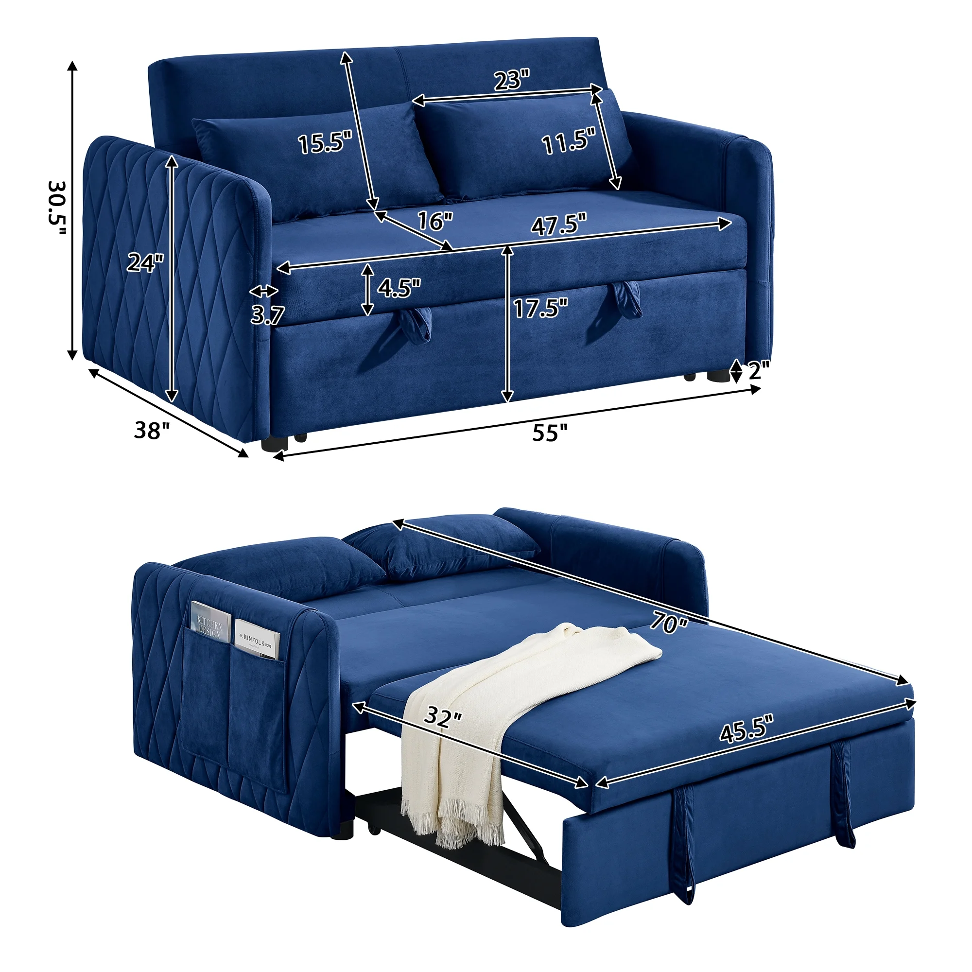 Convertible Sofa Bed,3 in 1 Sleeper Sofa with 2 Pillows and Adjustable Backrest for Living Room Office,Black - Image 28