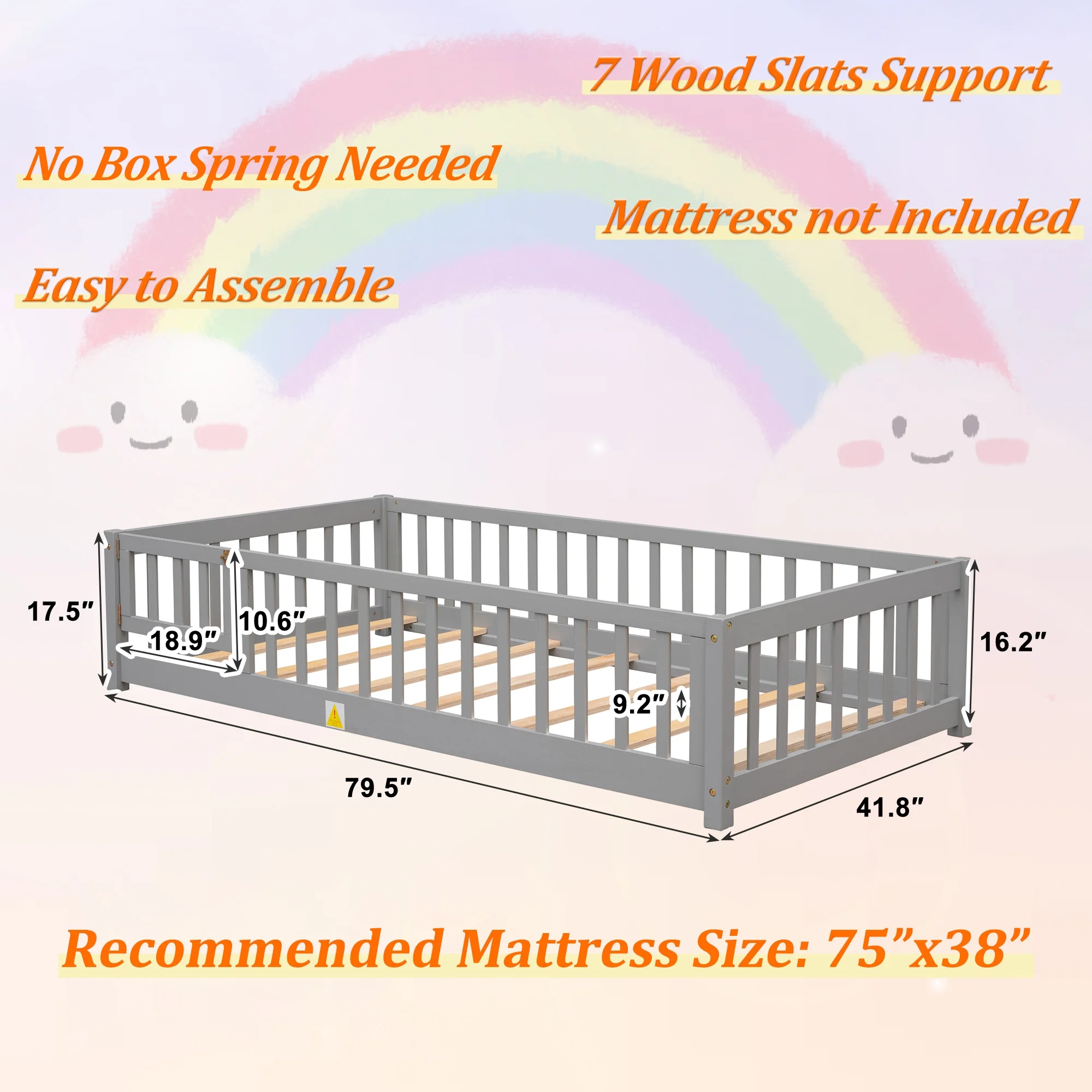 UHOMEPRO Twin Size Floor Bed with Door and Fence, Montessori Floor Bed with Slats and Safety Guardrails, Solid Wood Twin Bed Frame for Bedroom, White - Image 32