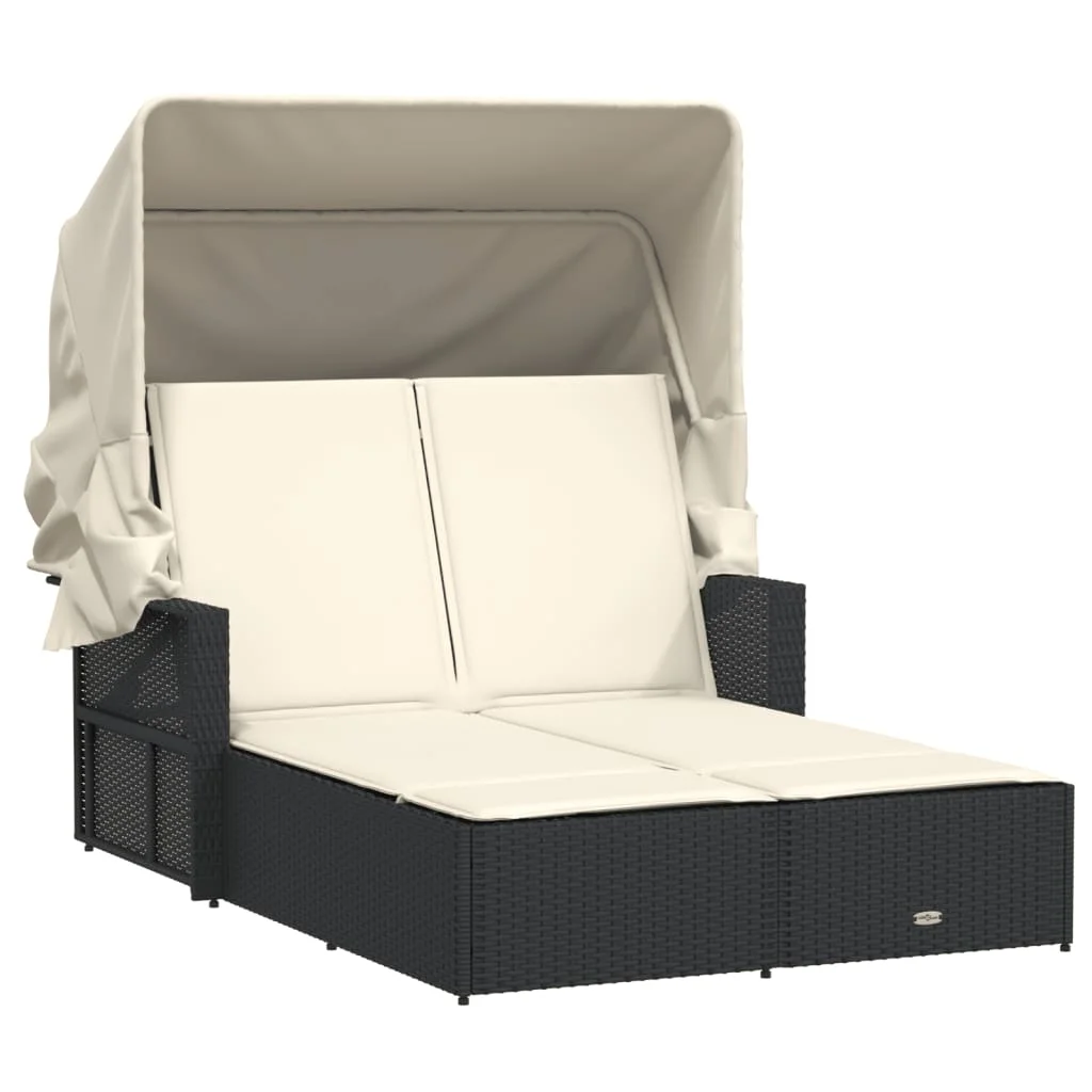 vidaXL Powder Coated Steel Removable Canopy and Cushions Double Sun Lounger, Beige - Image 2