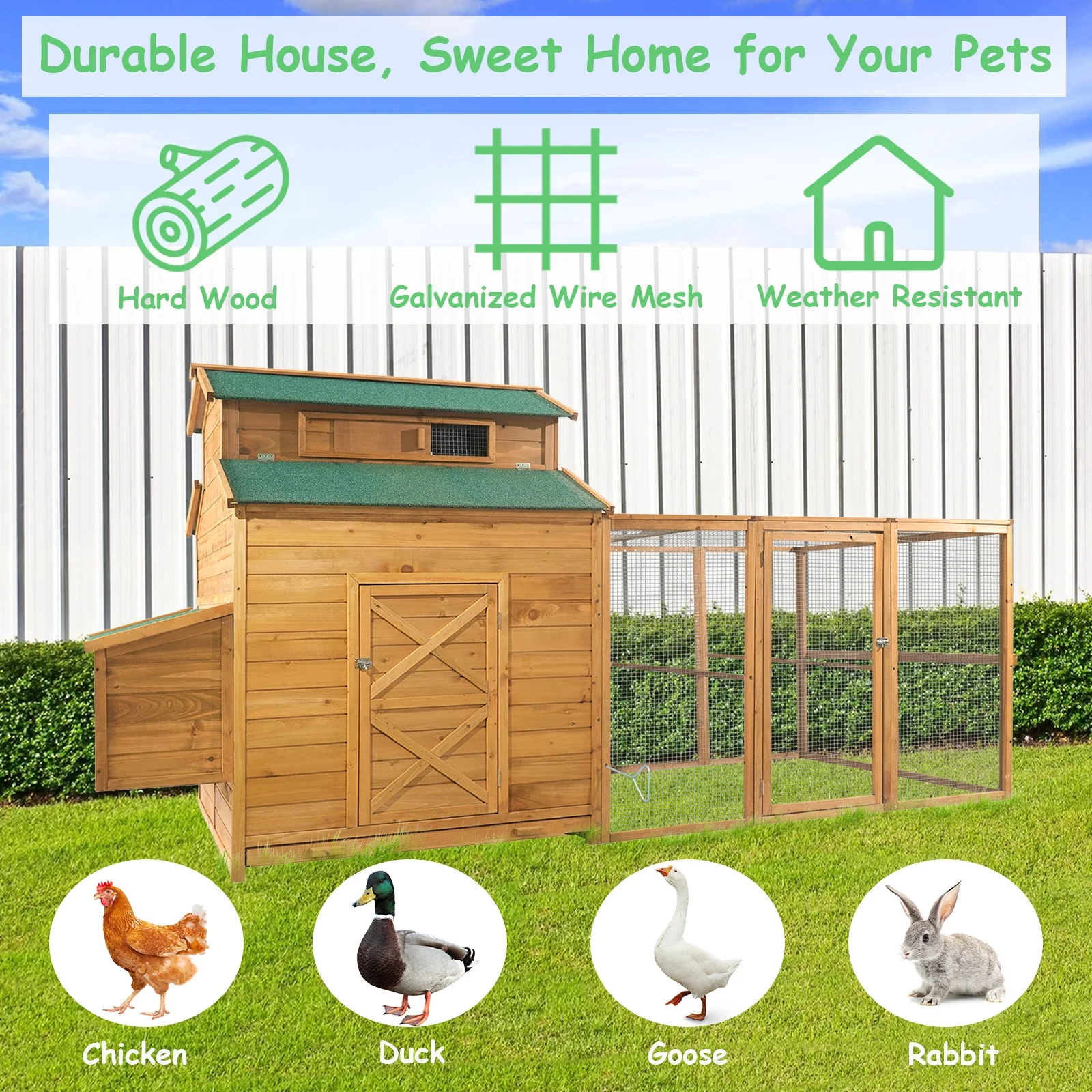 Chicken Coop for 6-10 Chickens, 112" Extal Large Chicken Coops, with Chicken Run & Nesting Box & Secure Enclosure, Outdoor Wooden Hen House Hutch for Rabbit, Poultry Pet, Duck - Image 13