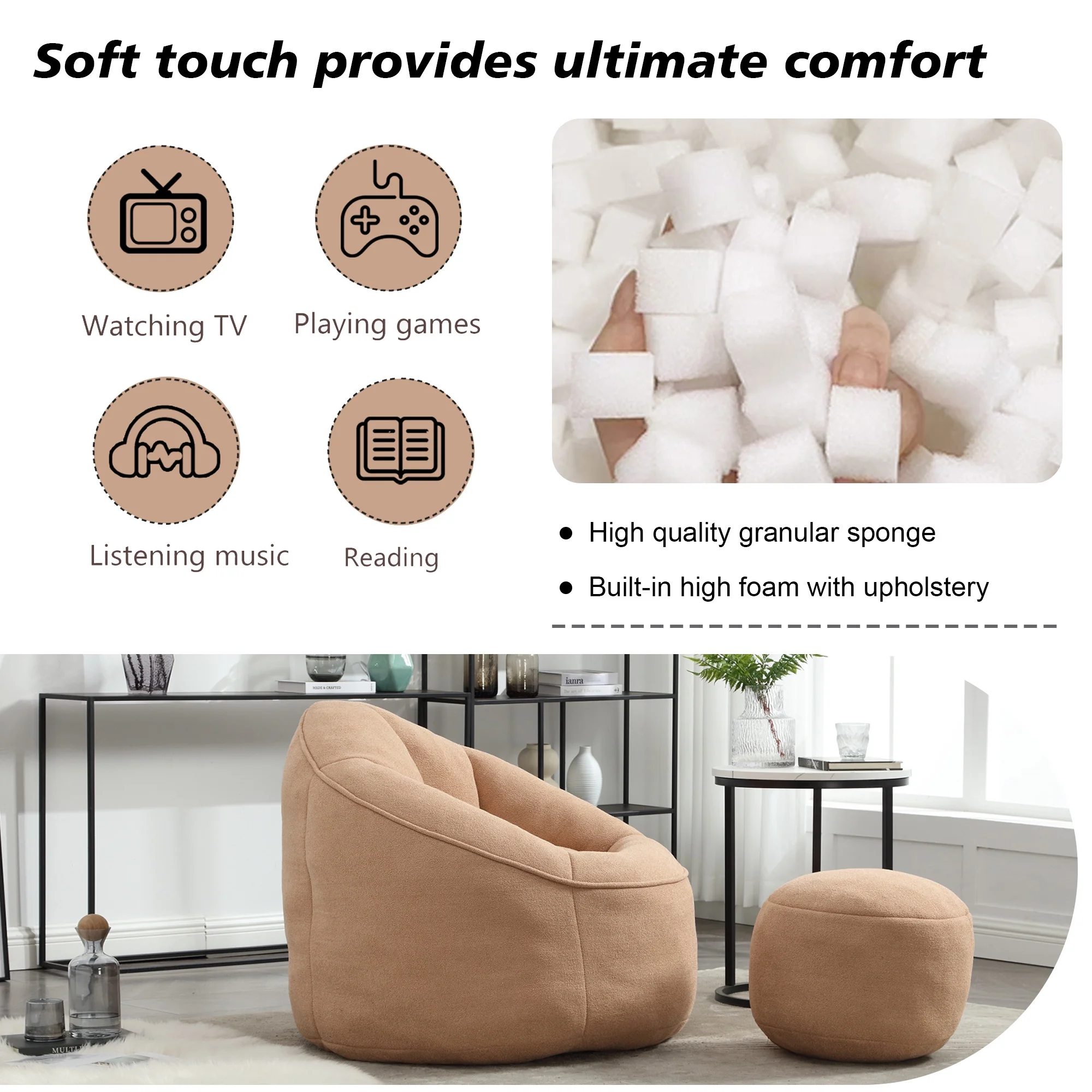 MOONMISS Microfiber Upholstered High Pressure Foam Round Lazy Bean Bag Sofa Chair with Ottoman-Gray - Image 13