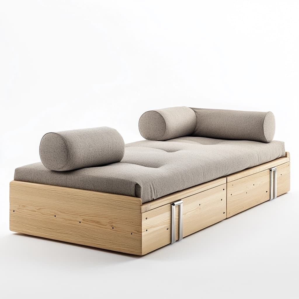 Sofá cama modular cojines estructura madera textil gris beige