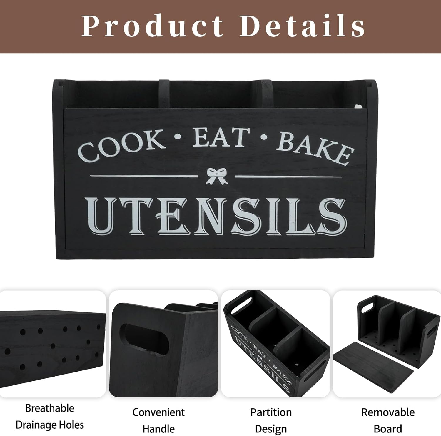 Kitchen Utensil Holder for Kitchen Counter, 3 Compartments Large Utensil Organizer with Drainer, Wooden Cutlery Caddy Holder, Cooking Tools Storage (Black)