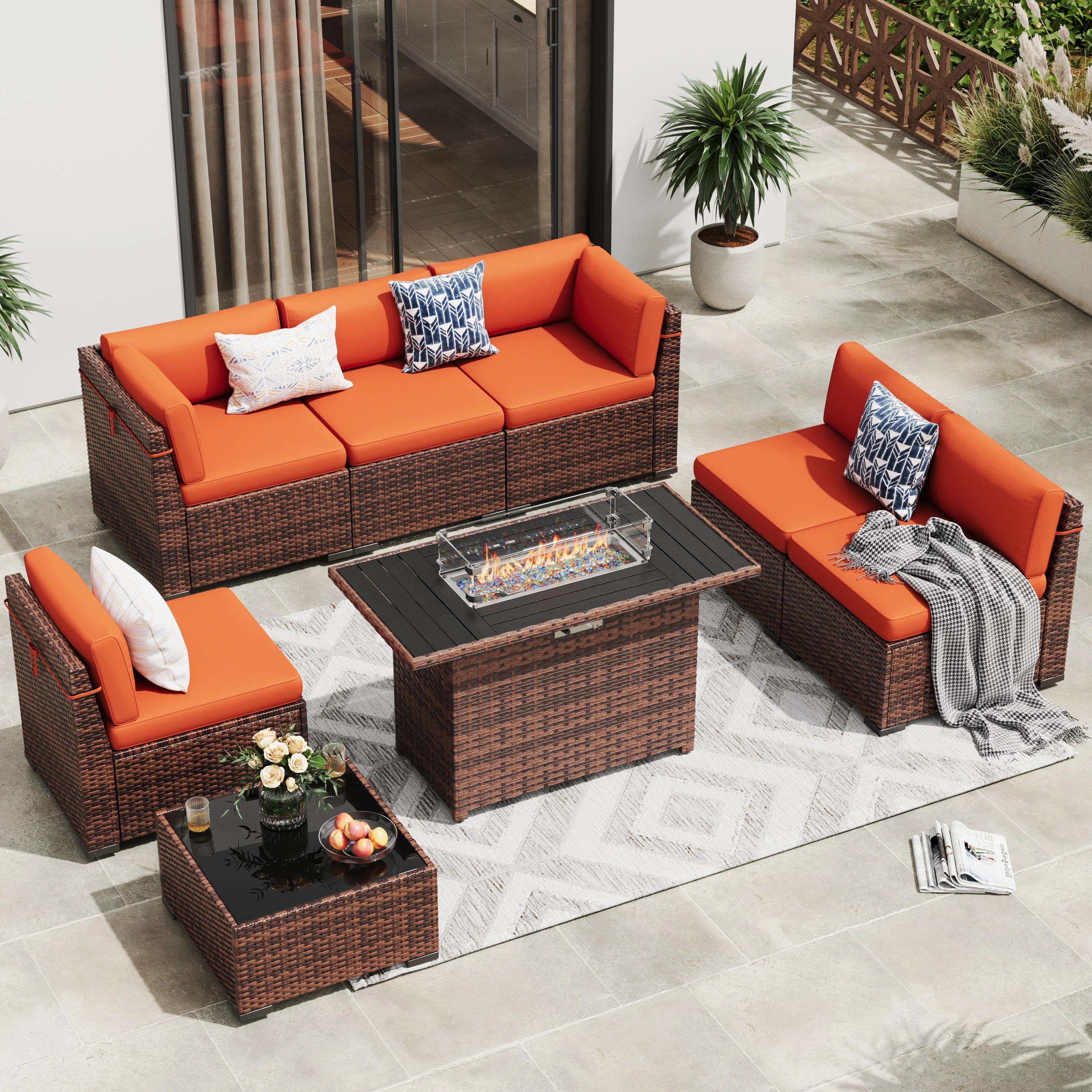 MRUAKA 8 Pieces Patio Furniture Set with Fire Pit Table, Outdoor Furniture Sectional Rattan Sofa with Slanted Back, Patio Couch with Glass Coffee Table for Backyard Garden (Dark Grey) - Image 25