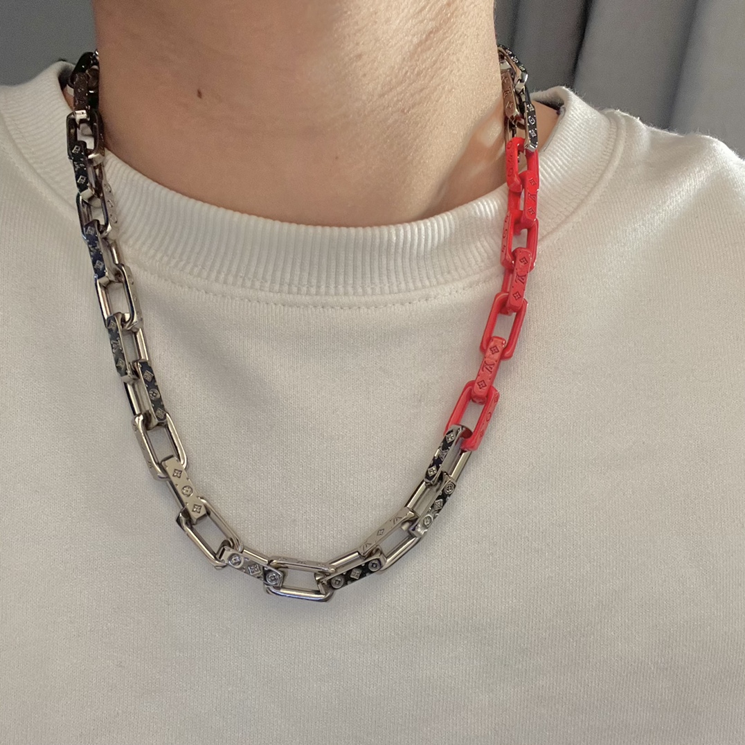 Louis Vuitton Silver Mixed Orange Monogram Chain Necklace - Original Replica Club