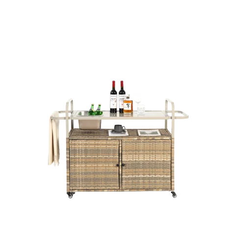 Yiweny Outdoor Rolling Wicker Bar Cart, Large Portable Outdoor Wicker Bar Table with Cabinet Storage and Glass Countertop, Patio Wicker Serving Bar Cart for Pool, Party, Backyard, Black - Image 12