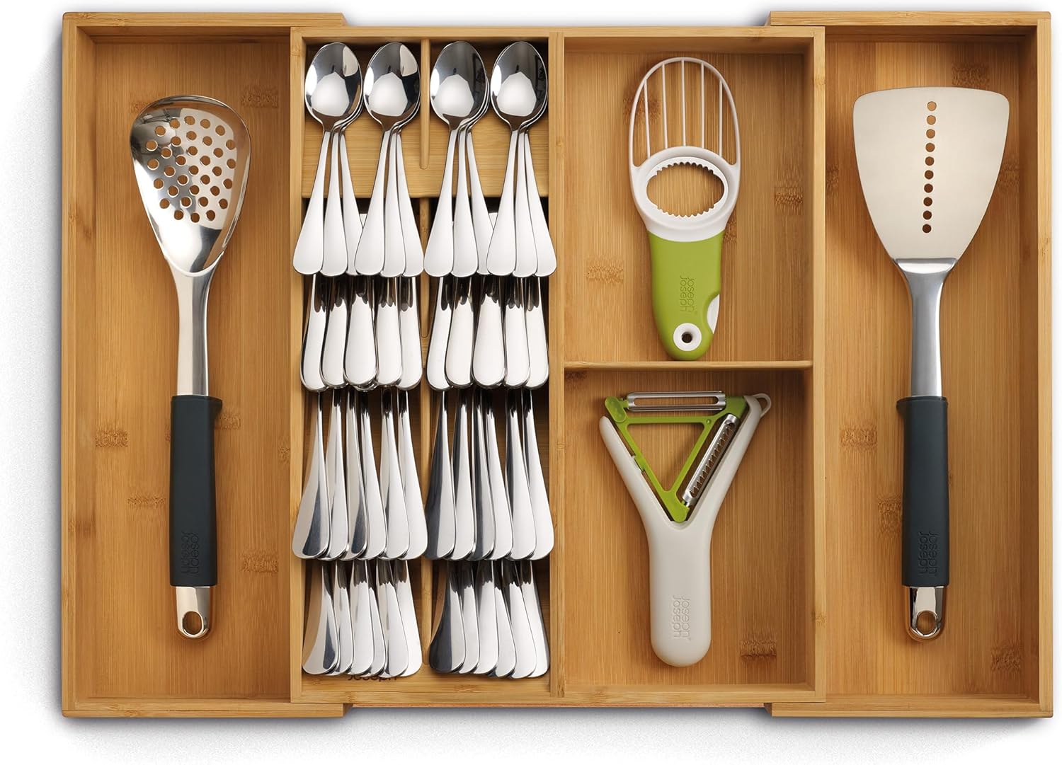 Joseph Joseph DrawerStore Compact Utensil Organizer For Kitchen Drawer Silverware, Flatware Tray, Small, Bamboo