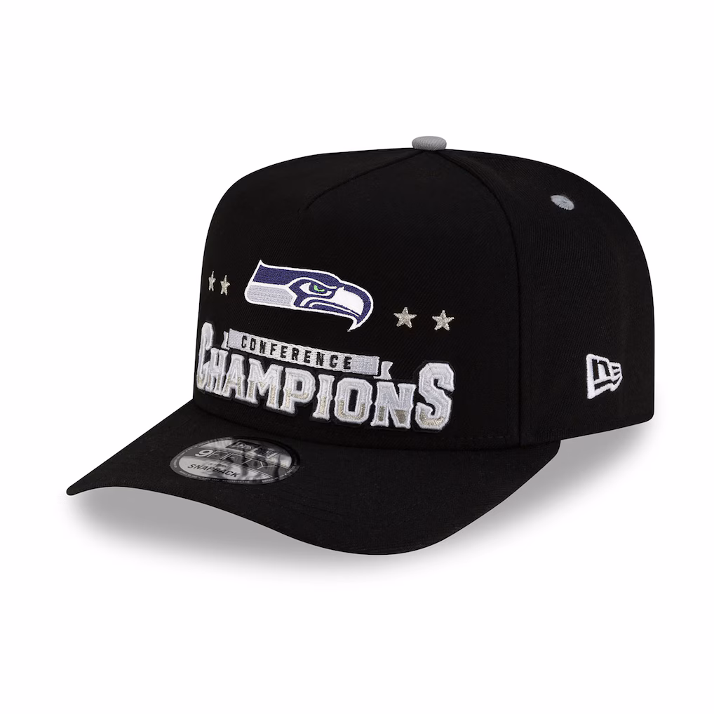 Front view of the Black Seattle Seahawks 2025 NFC Champions 9FIFTY Snapback Hat featuring the team logo, stars, and raised Conference Champions text.