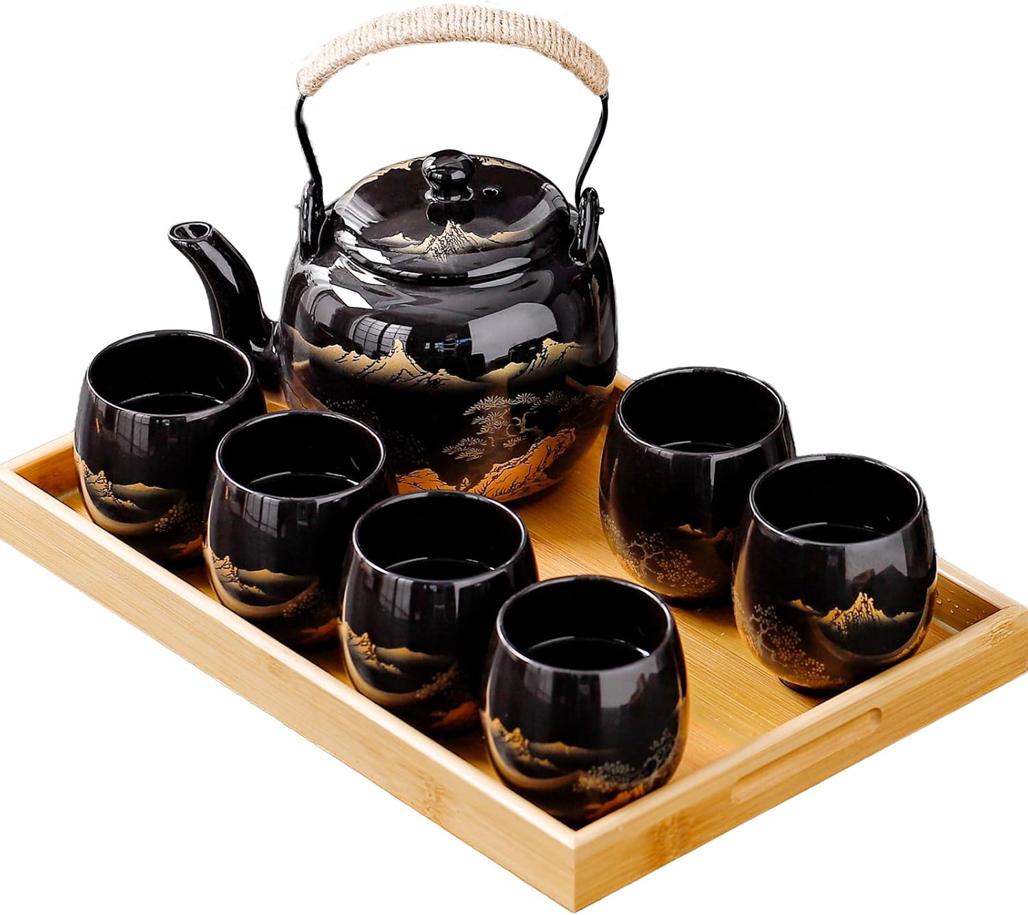 Traditional Japanese tea set, Kiln altered glaze Porcelain tea set with 1 Teapot, 6 Tea cups, 1 Tea Tray,Japanese teapot set, Asian tea sets (Kiln altered-Green)