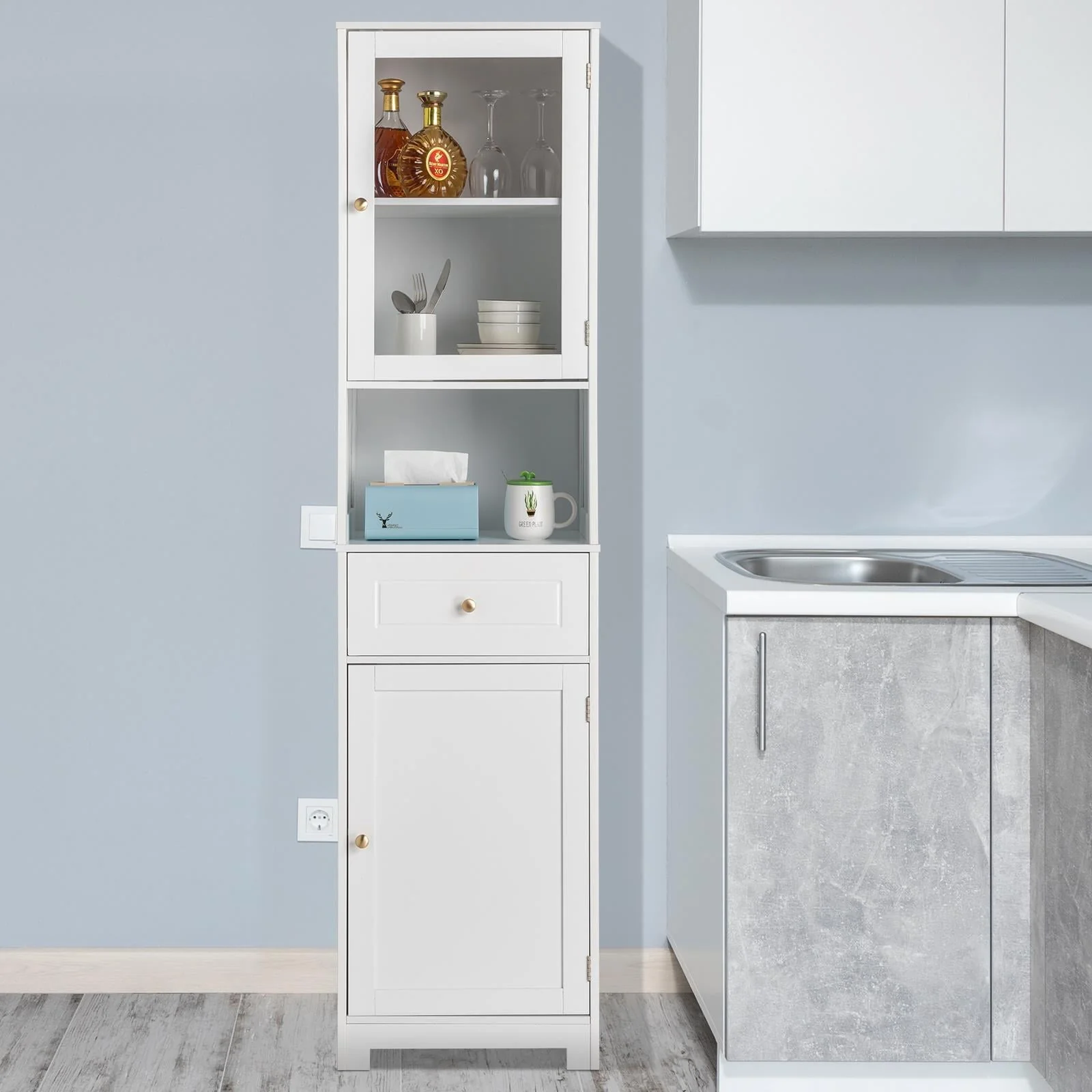 Ktaxon Large Bathroom Tall Storage Cabinet Organizer, Freestanding Line Tower Pantry Cabinet with Adjustable Shelves and 2 Cupboards for Kitchen Living Room Bedroom Office, 18"x13"x71", White - Image 4