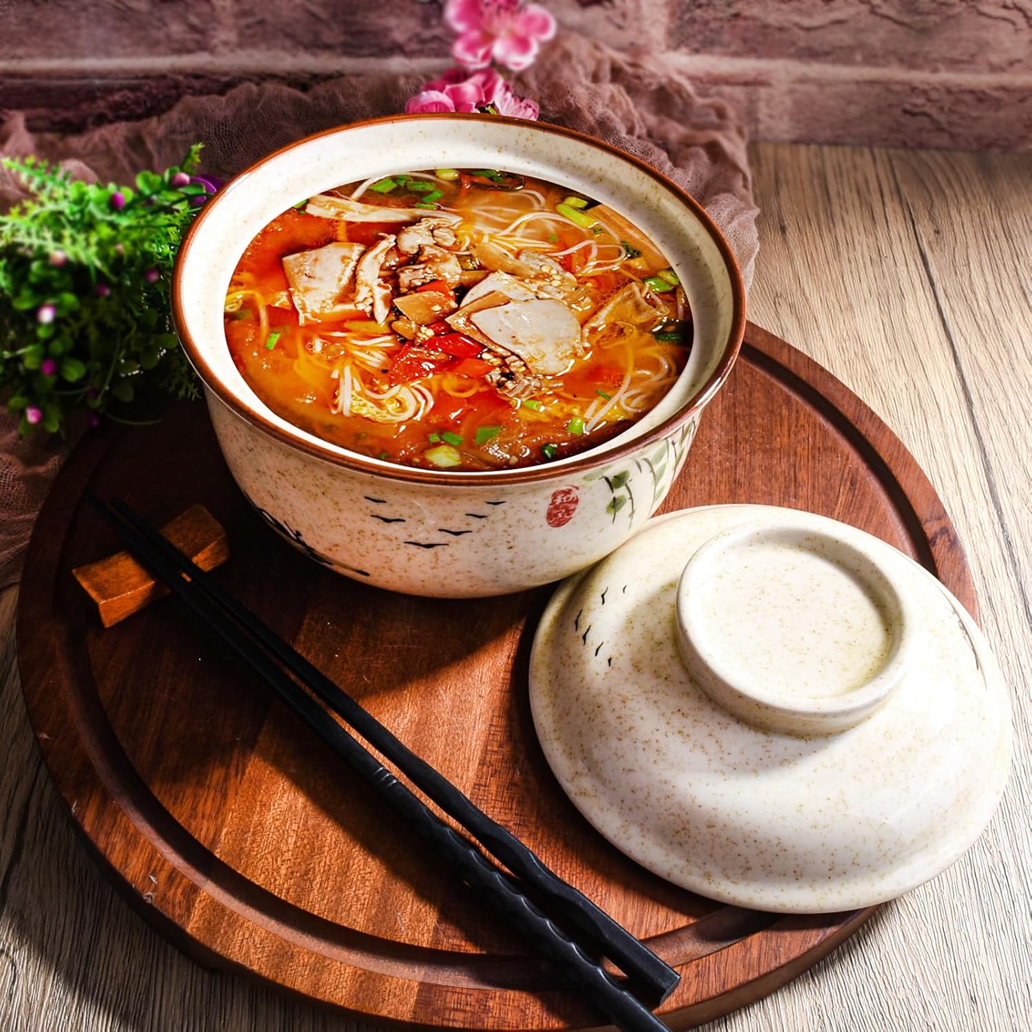 Japanese Style Ceramic Lidded Bowl, 25.4 oz Hand-Painted Ceramic Rice Bowl with Lid, Microwave & Dishwasher Safe Soup Bowl for Rice, Stew, Dessert, Kitchen Dining Tableware